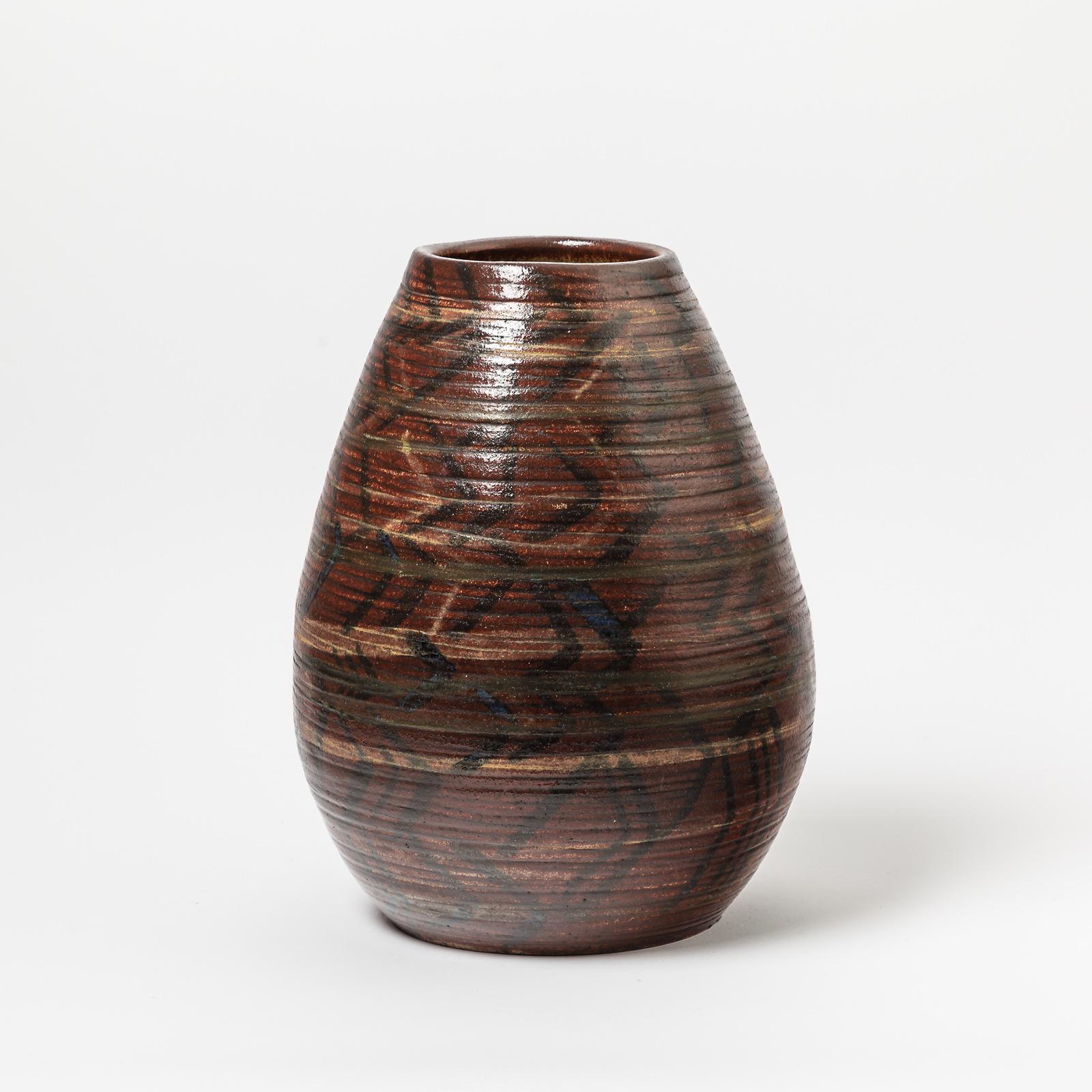Ceramic Vase with Geometrical Decoration by Accolay, circa 1970-1980 In Excellent Condition For Sale In Saint-Ouen, FR