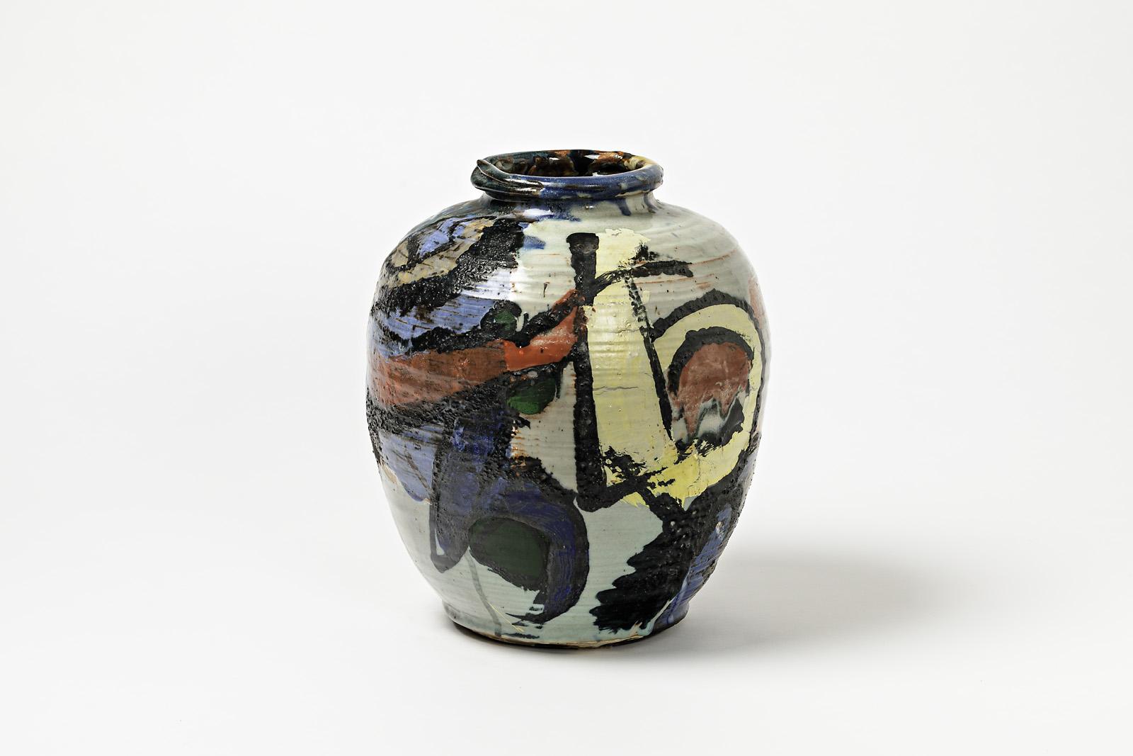 A ceramic vase with glazes decoration by Michel Lanos (1926-2005).
Perfect original decorations.
Artist monogram under the base,
circa 1990.
Unique piece.