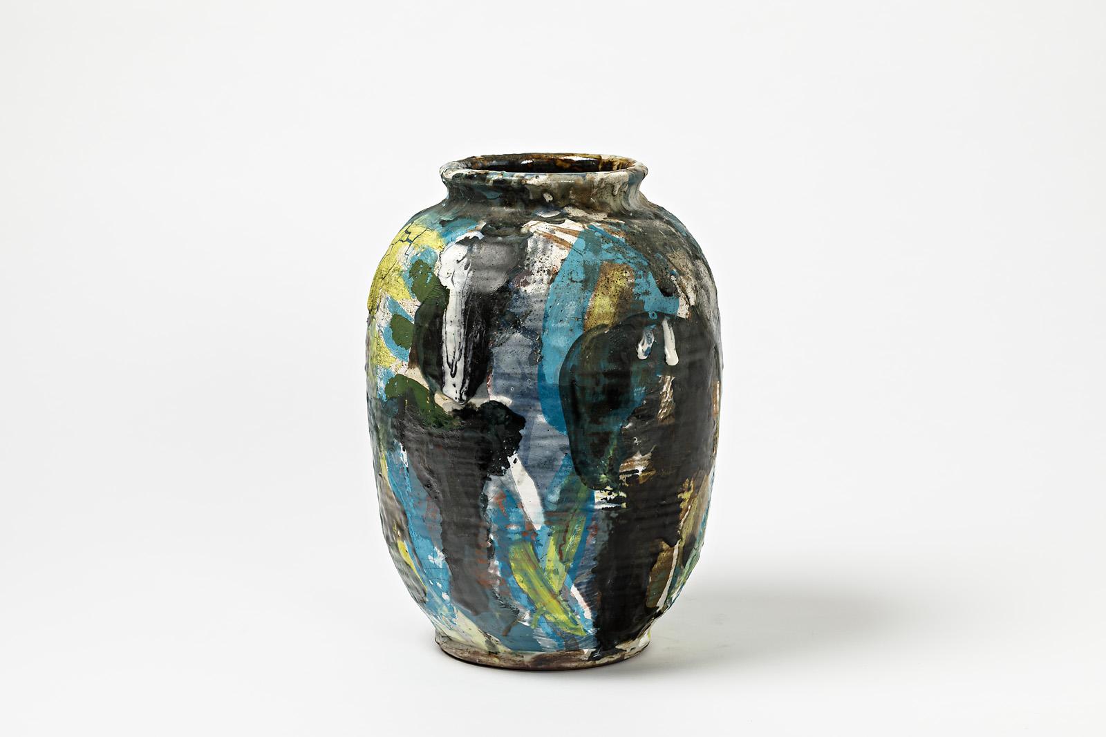 Beaux Arts Ceramic Vase with Glazes Decoration by Michel Lanos '1926-2005' For Sale