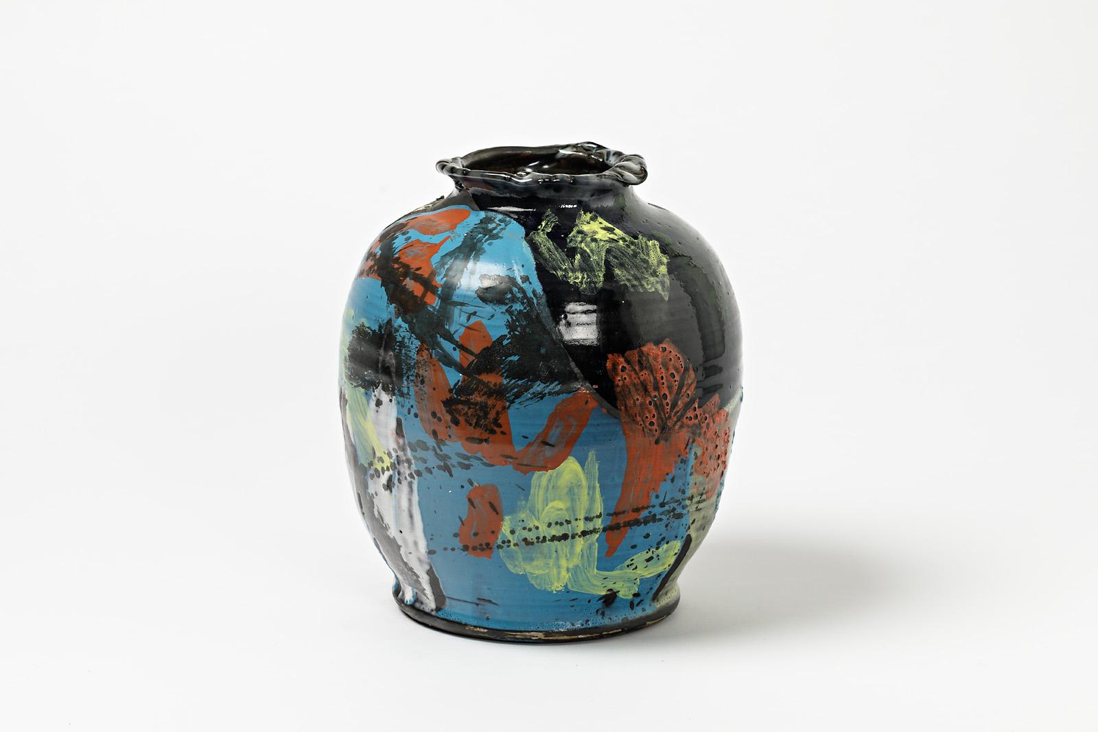 Beaux-Arts Vase en céramique décoré de glaçures par Michel Lanos (1926-2005) en vente