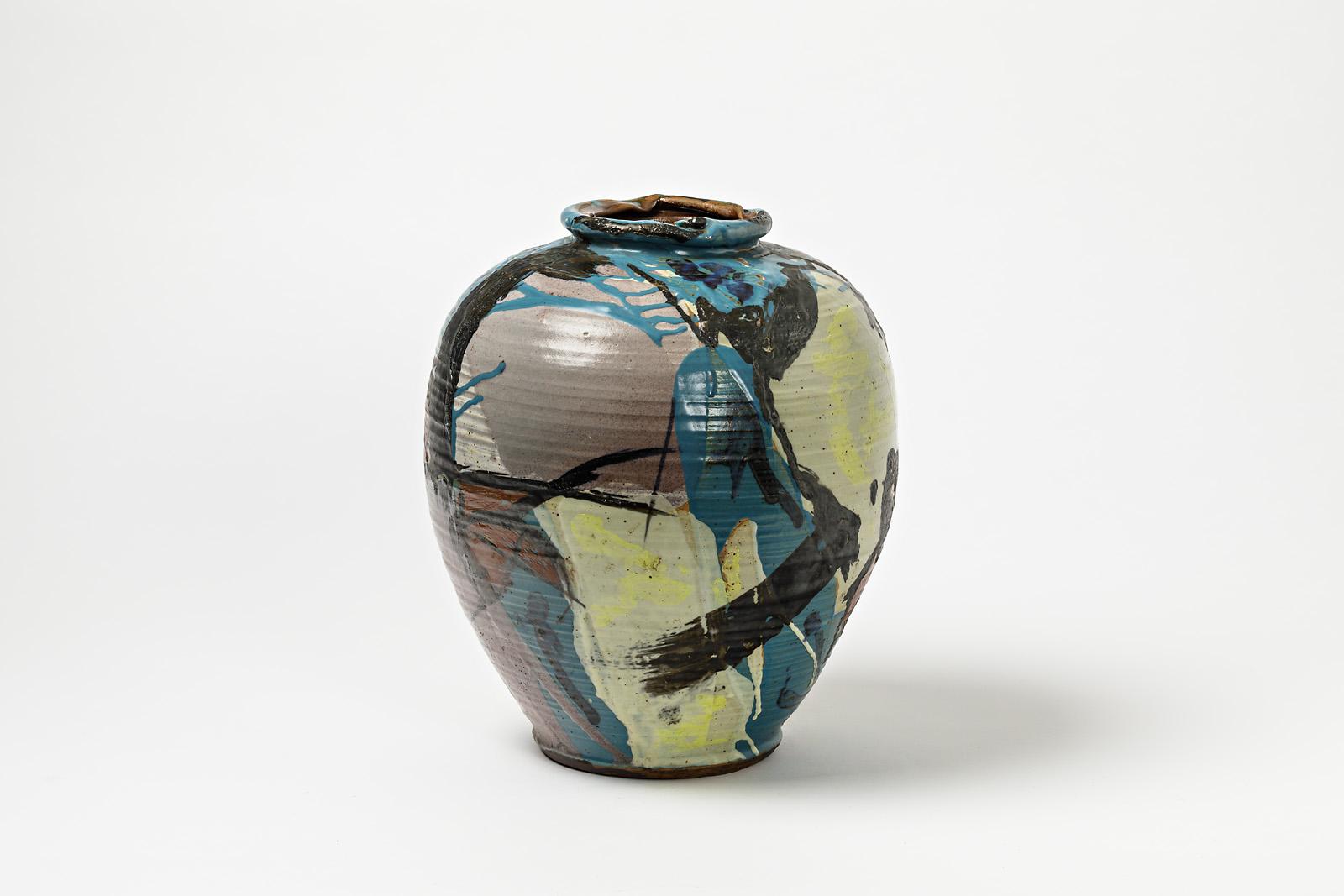 Beaux Arts Ceramic Vase with Glazes Decoration by Michel Lanos For Sale