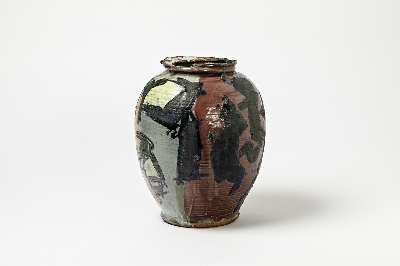 Keramikvase mit Glasurendekor von Michel Lanos (Beaux Arts) im Angebot