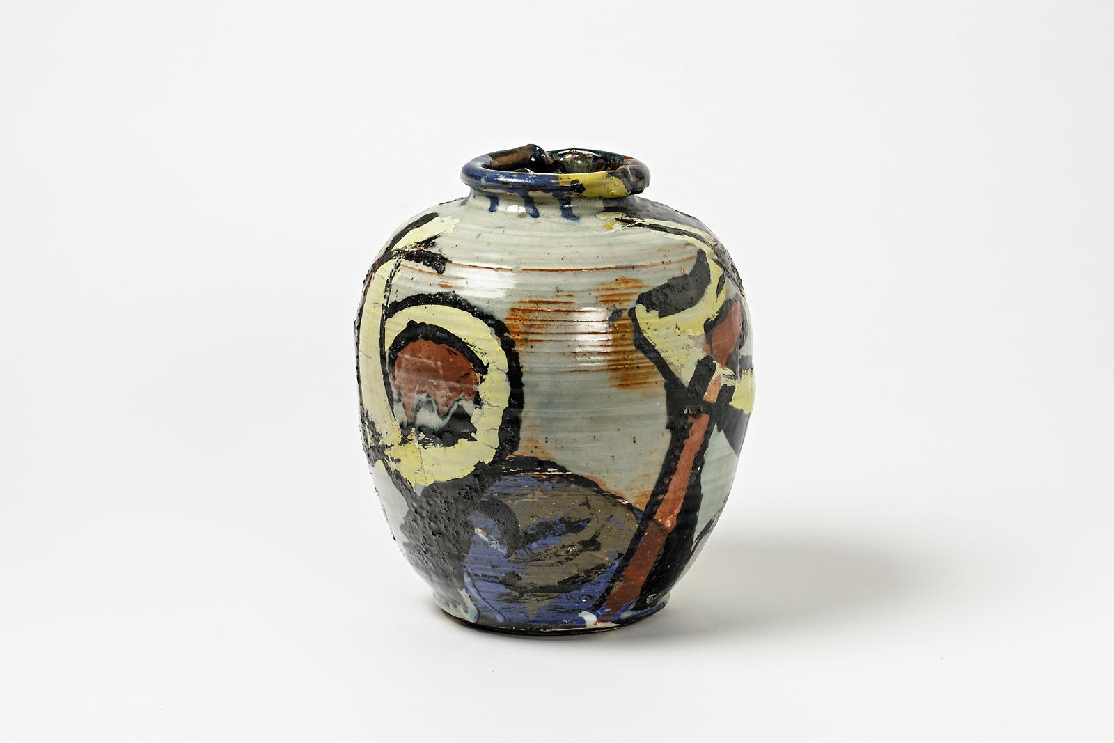 Keramikvase mit Glasuren und Dekoration aus Keramik von Michel Lanos (Beaux Arts) im Angebot