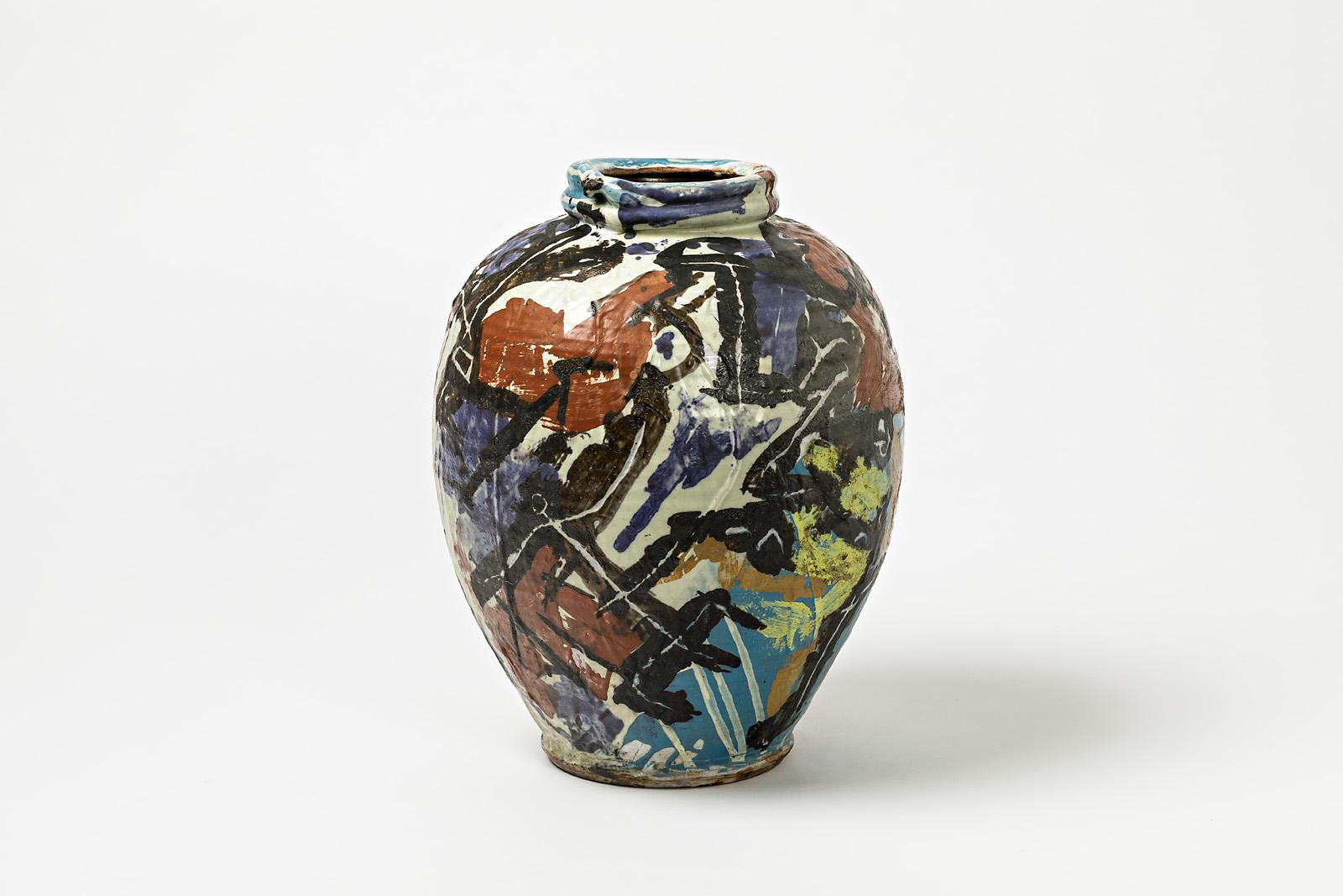 Keramikvase mit Glasurendekor von Michel Lanos (Beaux Arts) im Angebot