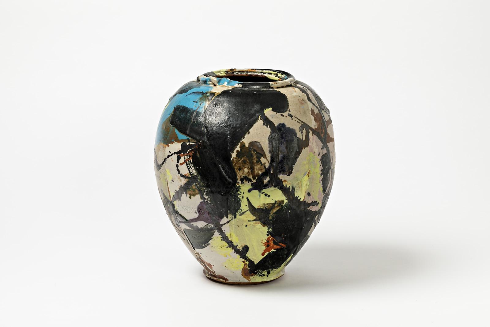 Beaux Arts Ceramic Vase with Glazes Decoration by Michel Lanos For Sale
