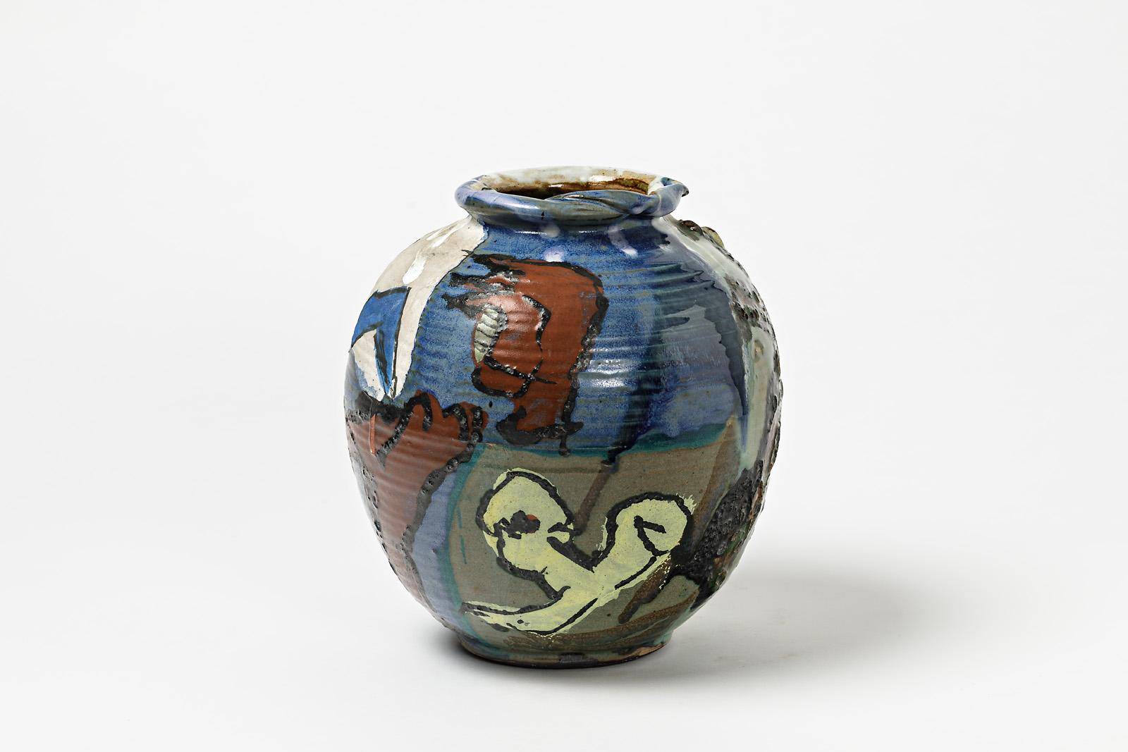 Keramikvase mit Glasuren und Dekoration aus Keramik von Michel Lanos (Französisch) im Angebot