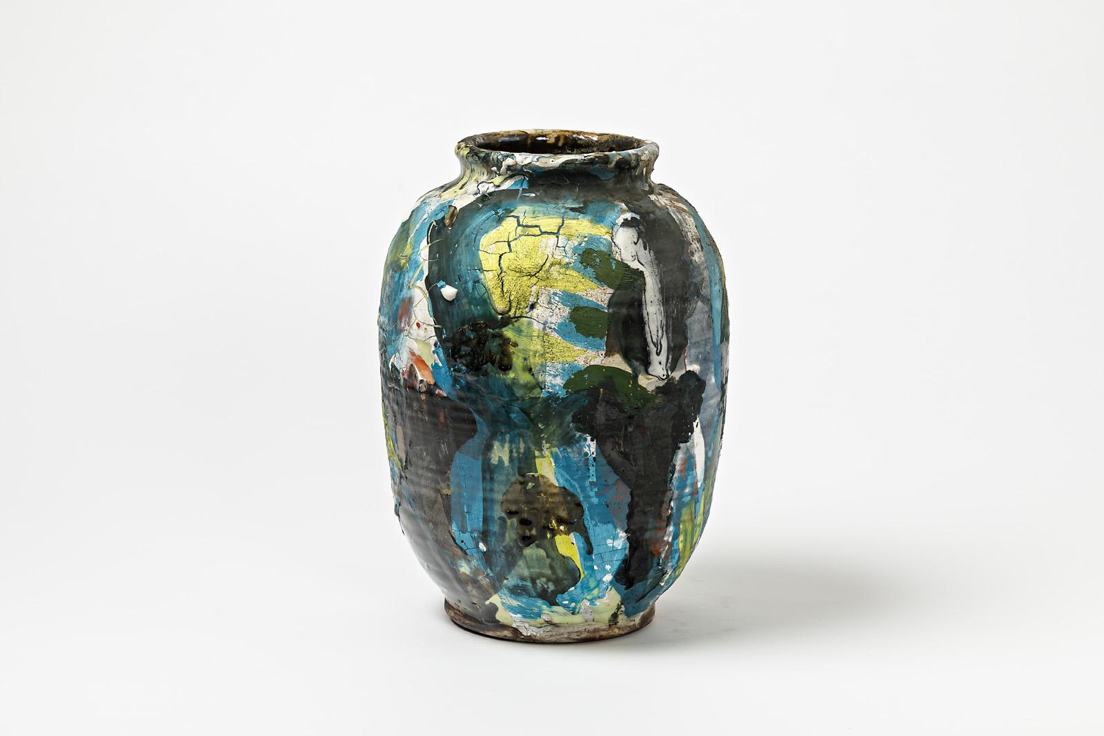 French Ceramic Vase with Glazes Decoration by Michel Lanos '1926-2005' For Sale