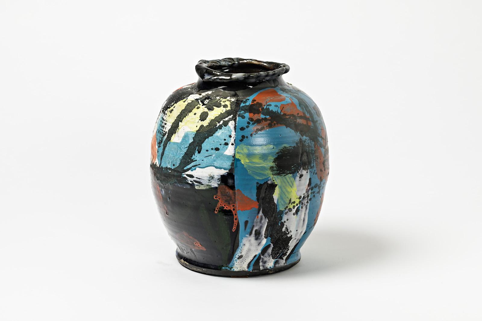 French Ceramic Vase with Glazes Decoration by Michel Lanos '1926-2005' For Sale