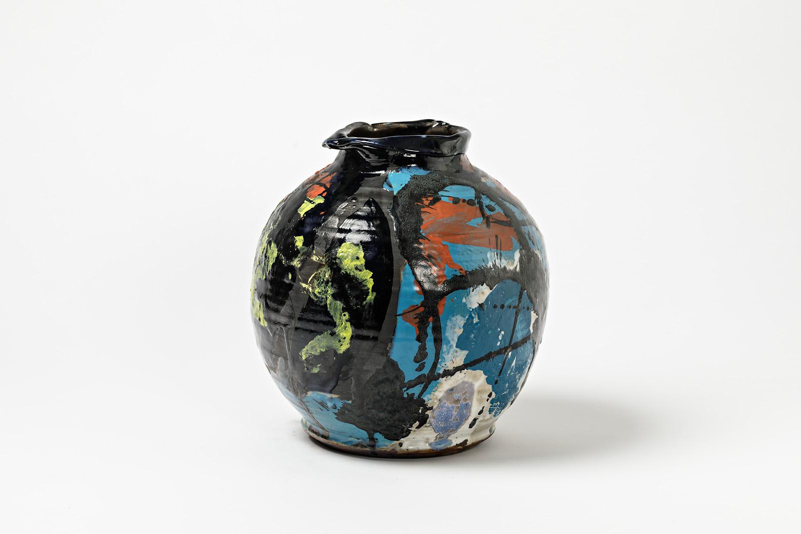 French Ceramic Vase with Glazes Decoration by Michel Lanos