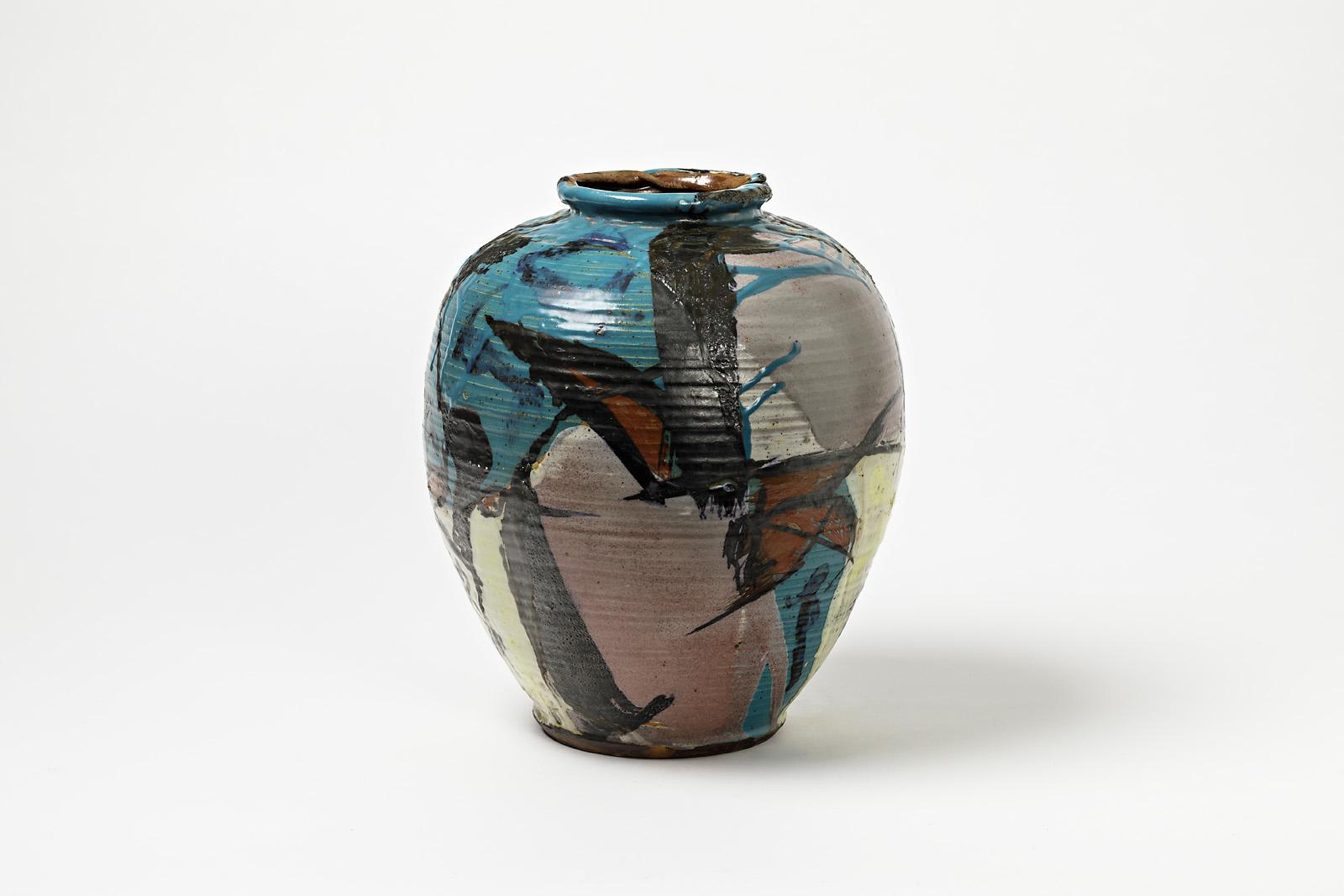 Keramikvase mit Glasuren und Dekoration aus Keramik von Michel Lanos (Französisch) im Angebot
