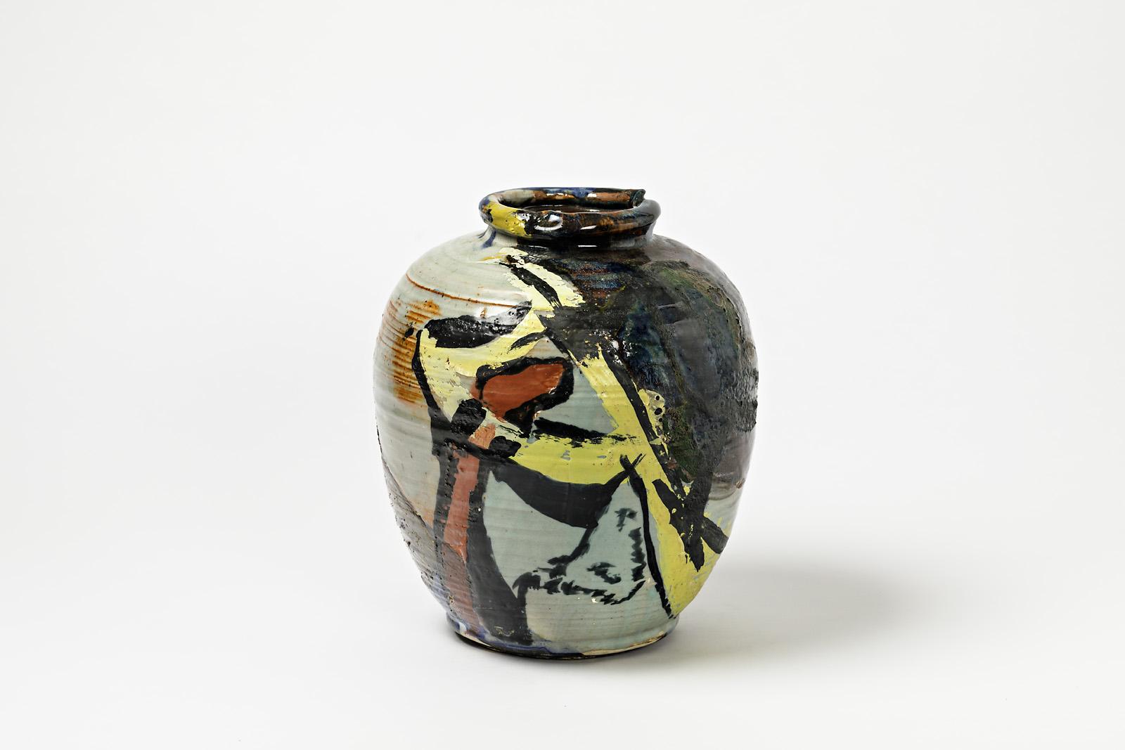 French Ceramic Vase with Glazes Decoration by Michel Lanos For Sale