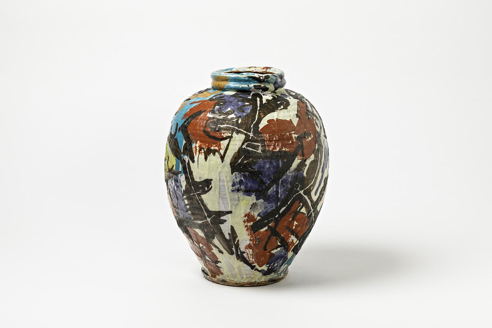 Keramikvase mit Glasurendekor von Michel Lanos (Französisch) im Angebot
