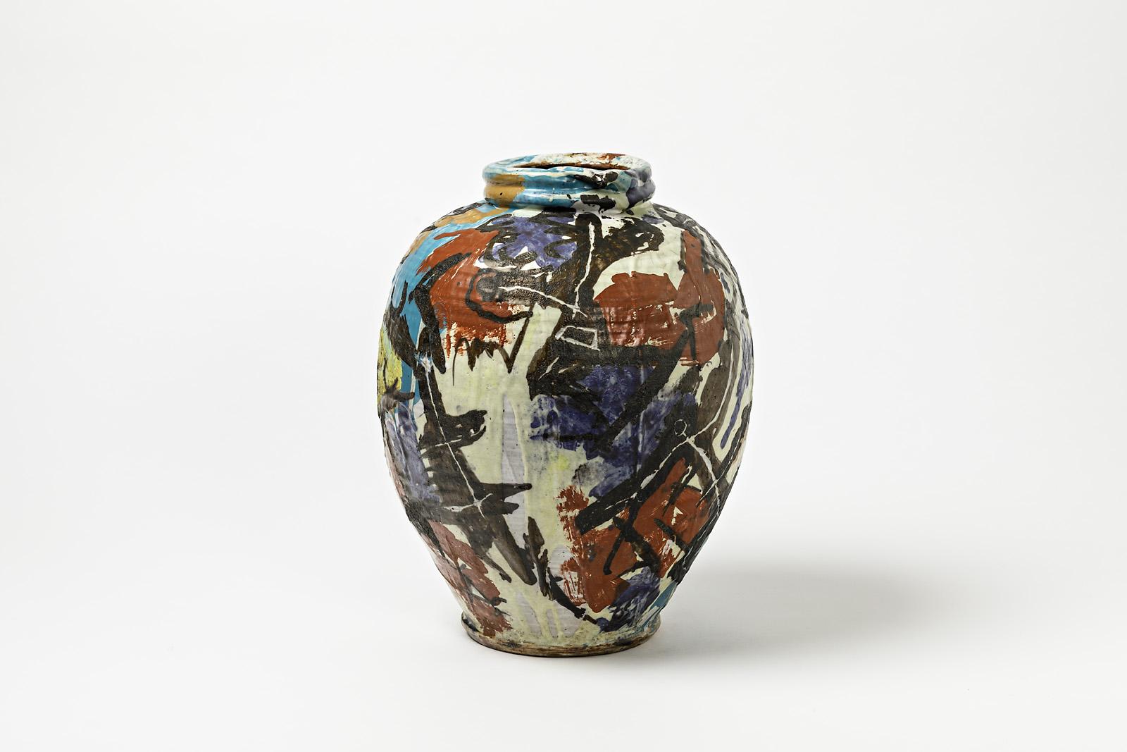 French Ceramic Vase with Glazes Decoration by Michel Lanos For Sale