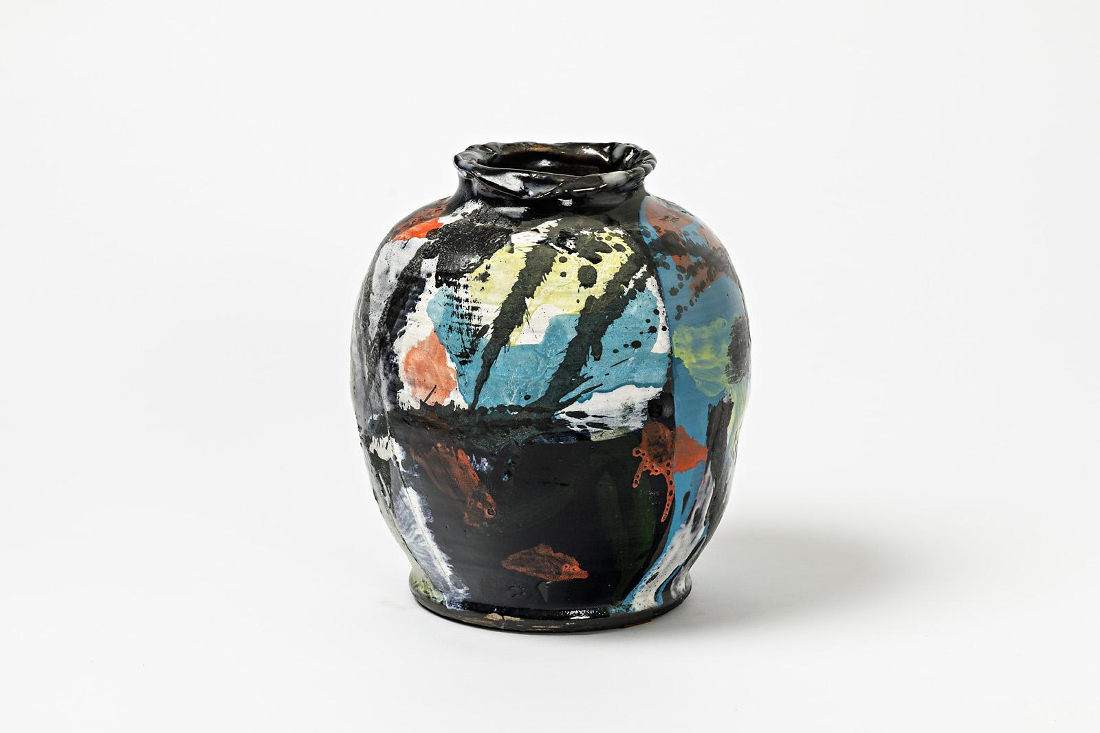 Vase en céramique décoré de glaçures par Michel Lanos (1926-2005) Excellent état - En vente à Saint-Ouen, FR