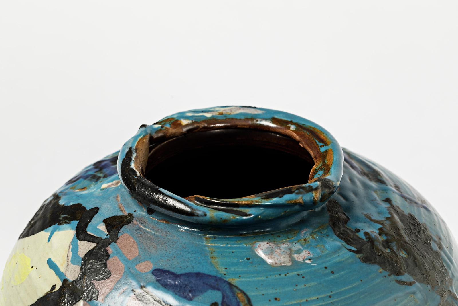 Keramikvase mit Glasuren und Dekoration aus Keramik von Michel Lanos im Zustand „Hervorragend“ im Angebot in Saint-Ouen, FR
