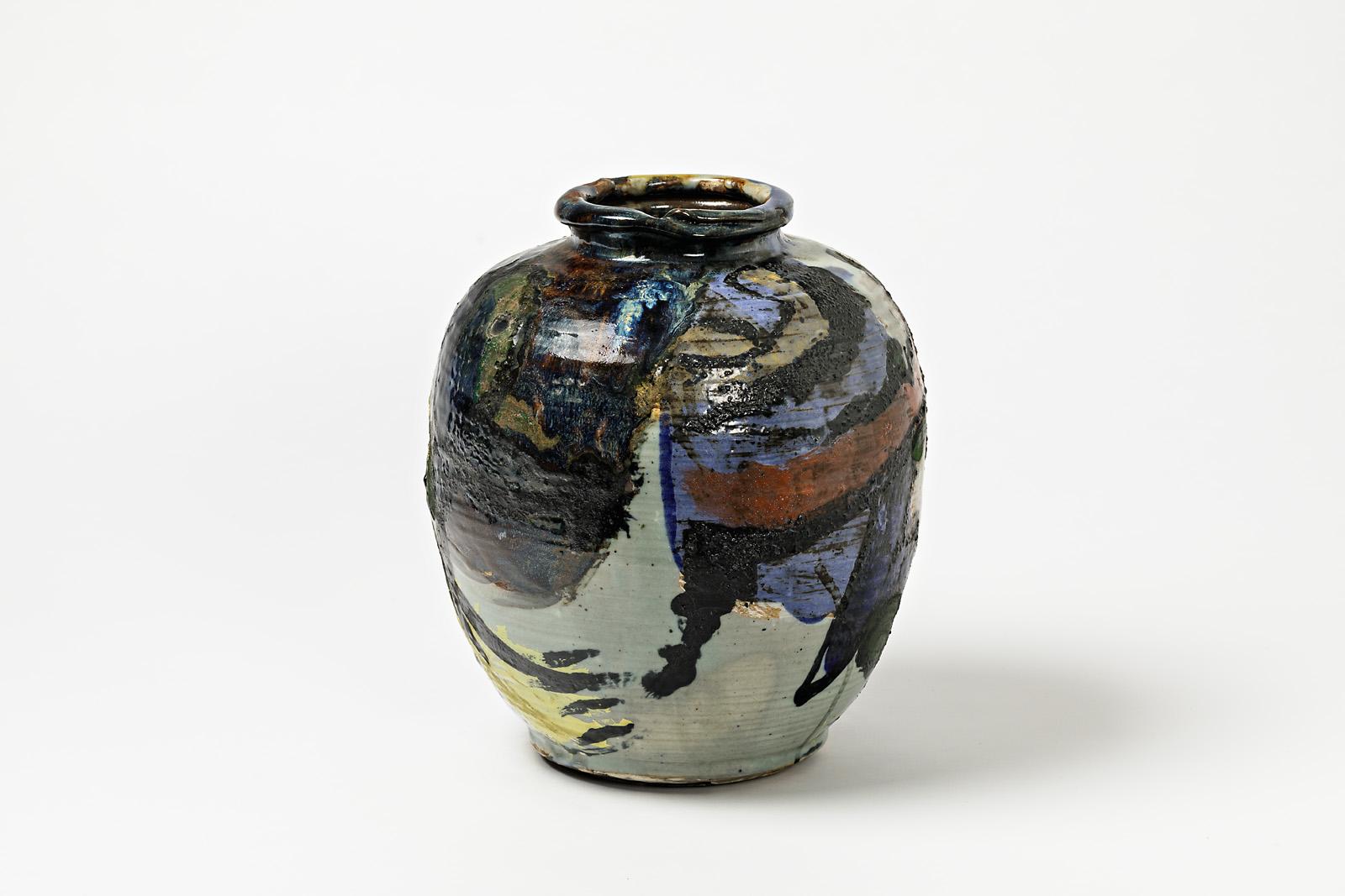 Ceramic Vase with Glazes Decoration by Michel Lanos '1926-2005' In Excellent Condition For Sale In Saint-Ouen, FR