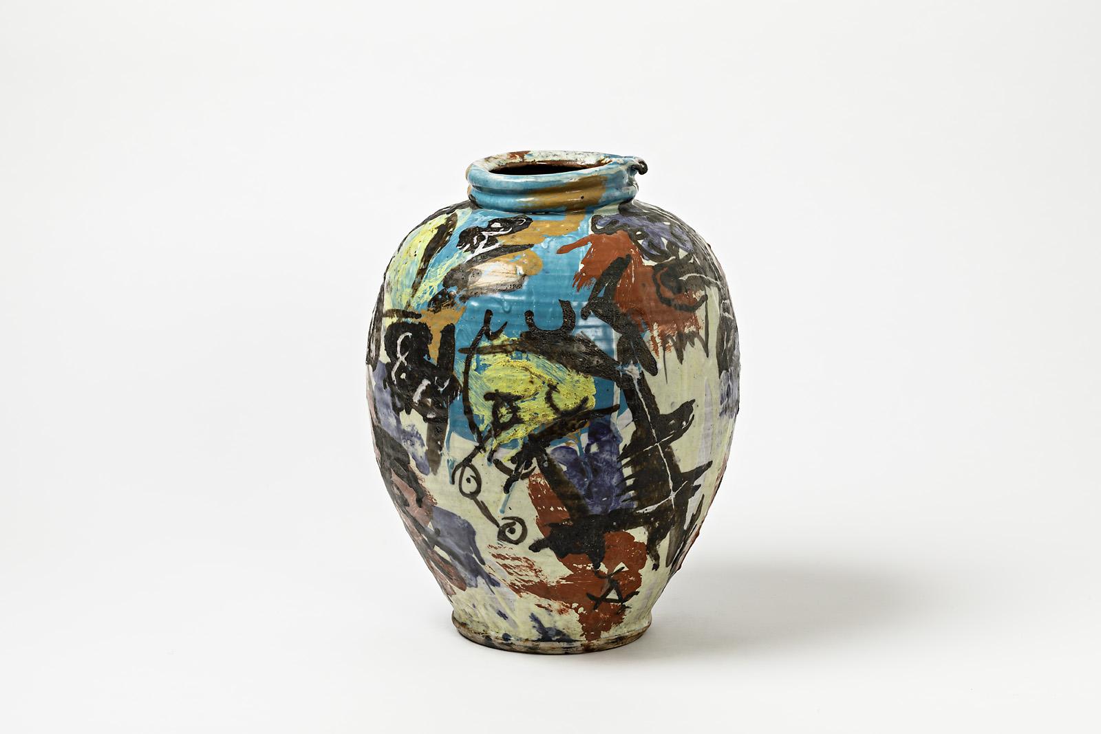 Keramikvase mit Glasurendekor von Michel Lanos im Zustand „Hervorragend“ im Angebot in Saint-Ouen, FR