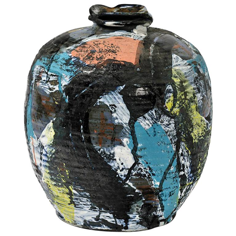 Ceramic Vase with Glazes Decoration by Michel Lanos