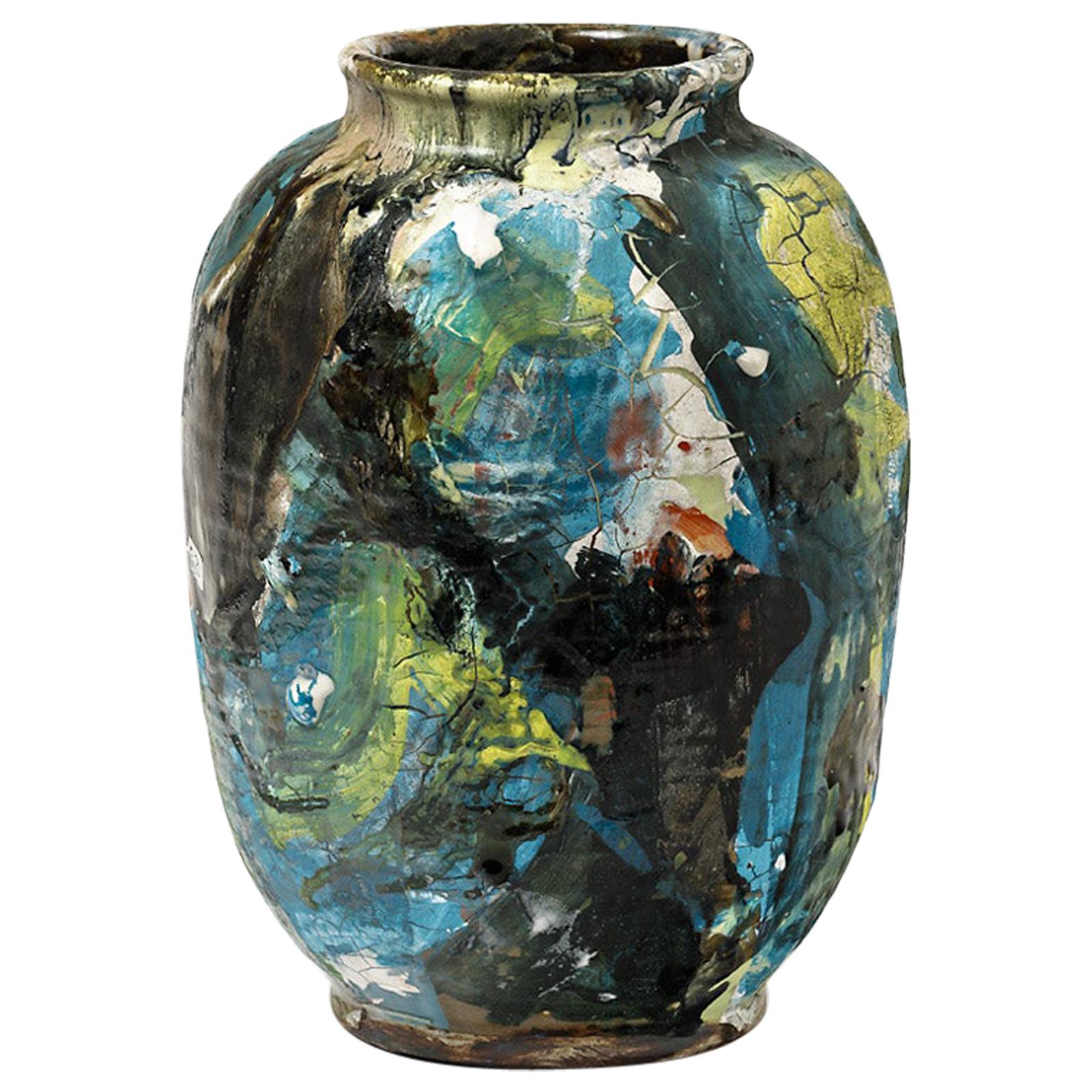 Ceramic Vase with Glazes Decoration by Michel Lanos '1926-2005' For Sale