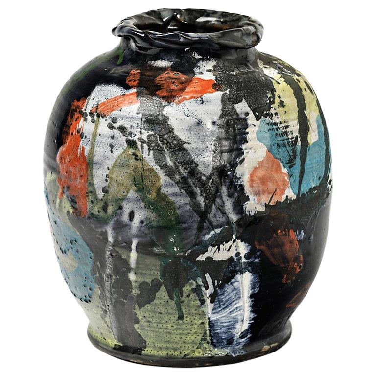 Vase en céramique décoré de glaçures par Michel Lanos (1926-2005) en vente