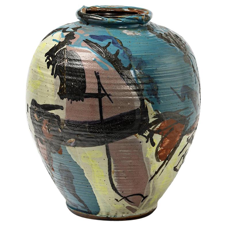 Keramikvase mit Glasuren und Dekoration aus Keramik von Michel Lanos im Angebot