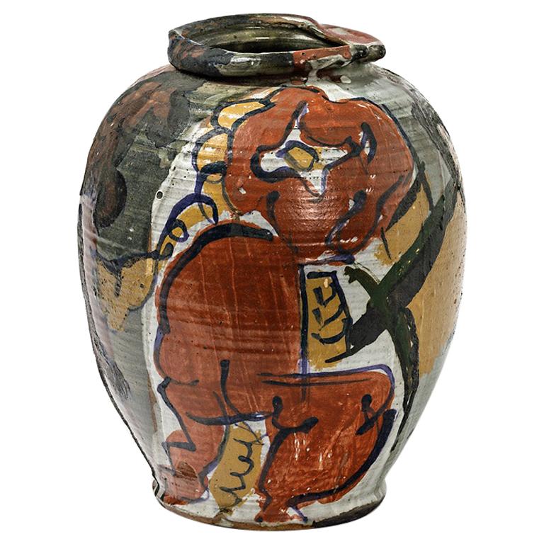 Keramikvase mit Glasurendekor von Michel Lanos im Angebot