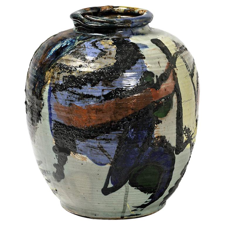 Keramikvase mit Glasuren und Dekoration aus Keramik von Michel Lanos