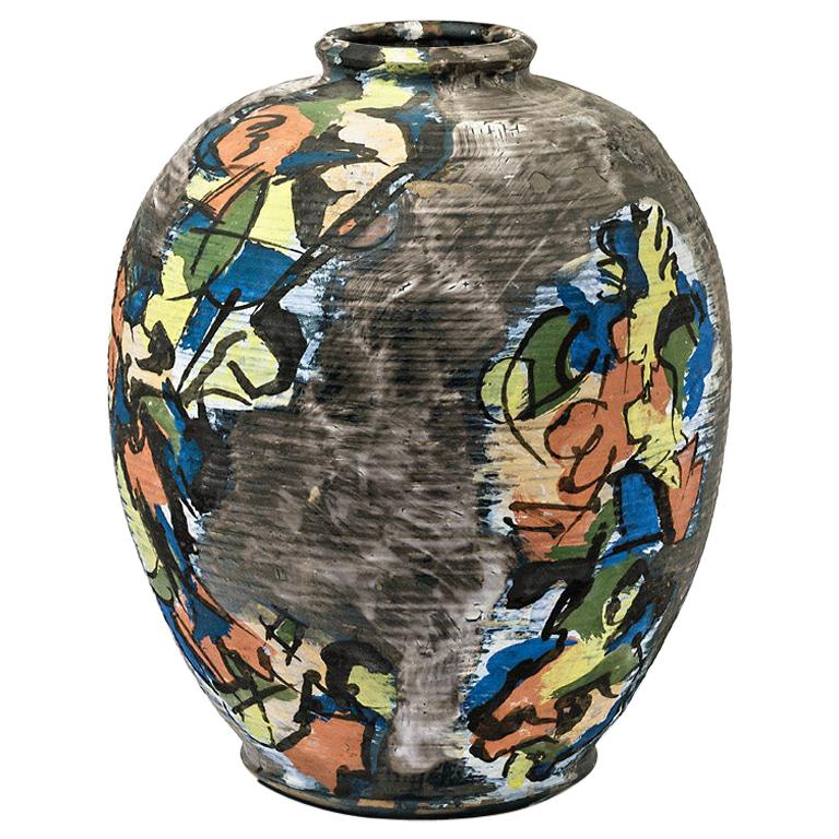Keramikvase mit Glasurendekor von Michel Lanos '1926-2005' im Angebot