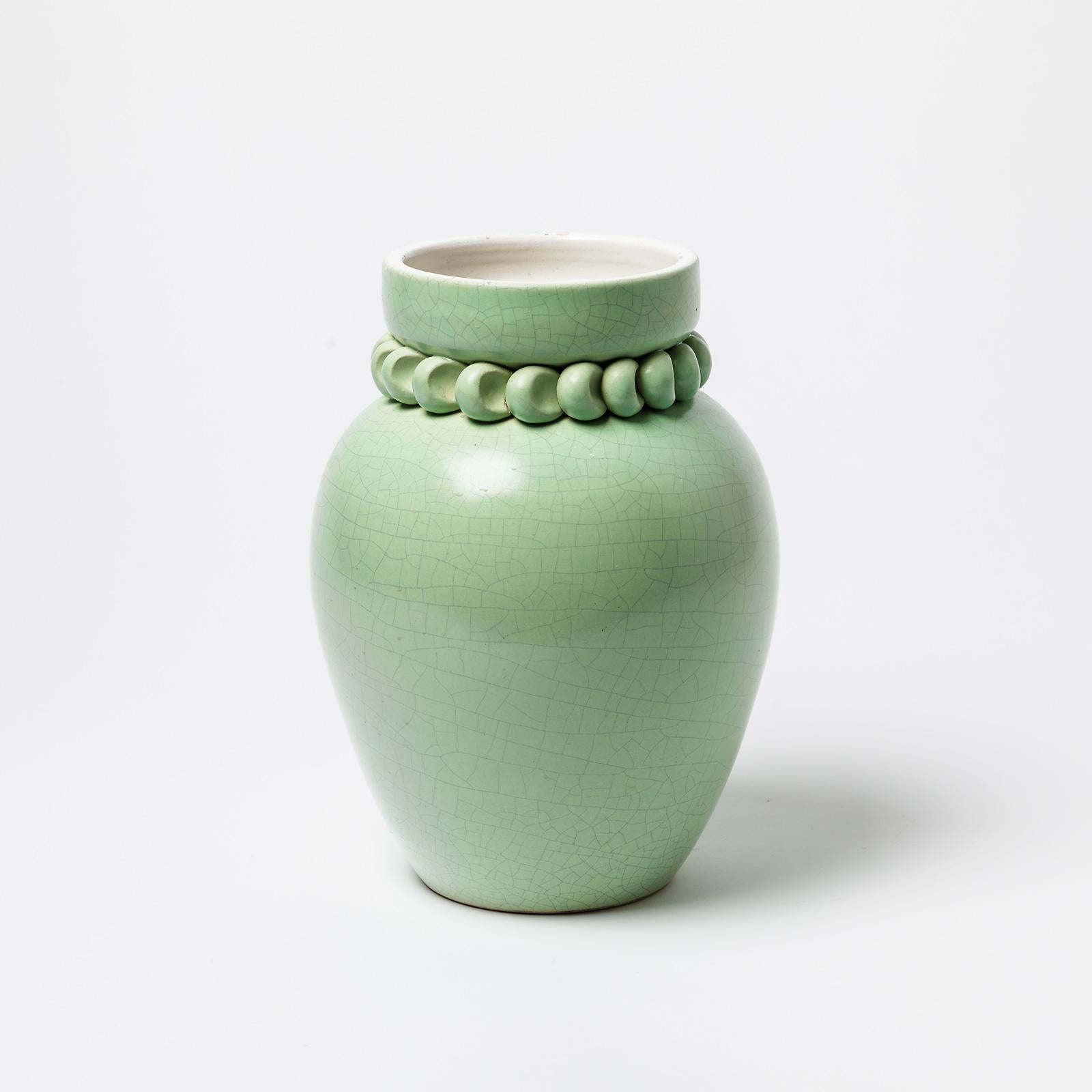 Art Deco Ceramic Vase with Green and White Glaze Decoration by Pol Chambost, circa 1930