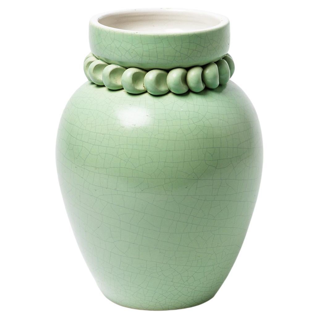 Ceramic Vase with Green and White Glaze Decoration by Pol Chambost, circa 1930