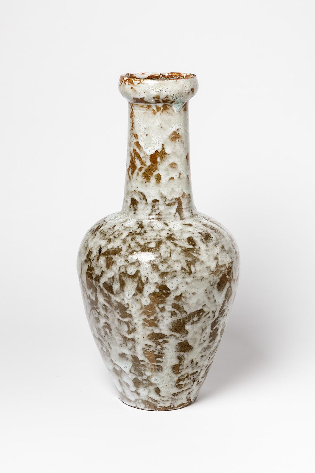 French Ceramic Vase with White Glaze Decoration, Signed Lion, circa 1920-1930 For Sale