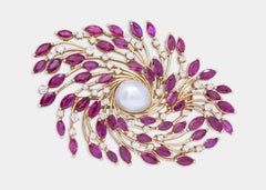 Certified Natural Bahraini Pearl and Marquise Rubies 18k Gold Brooch