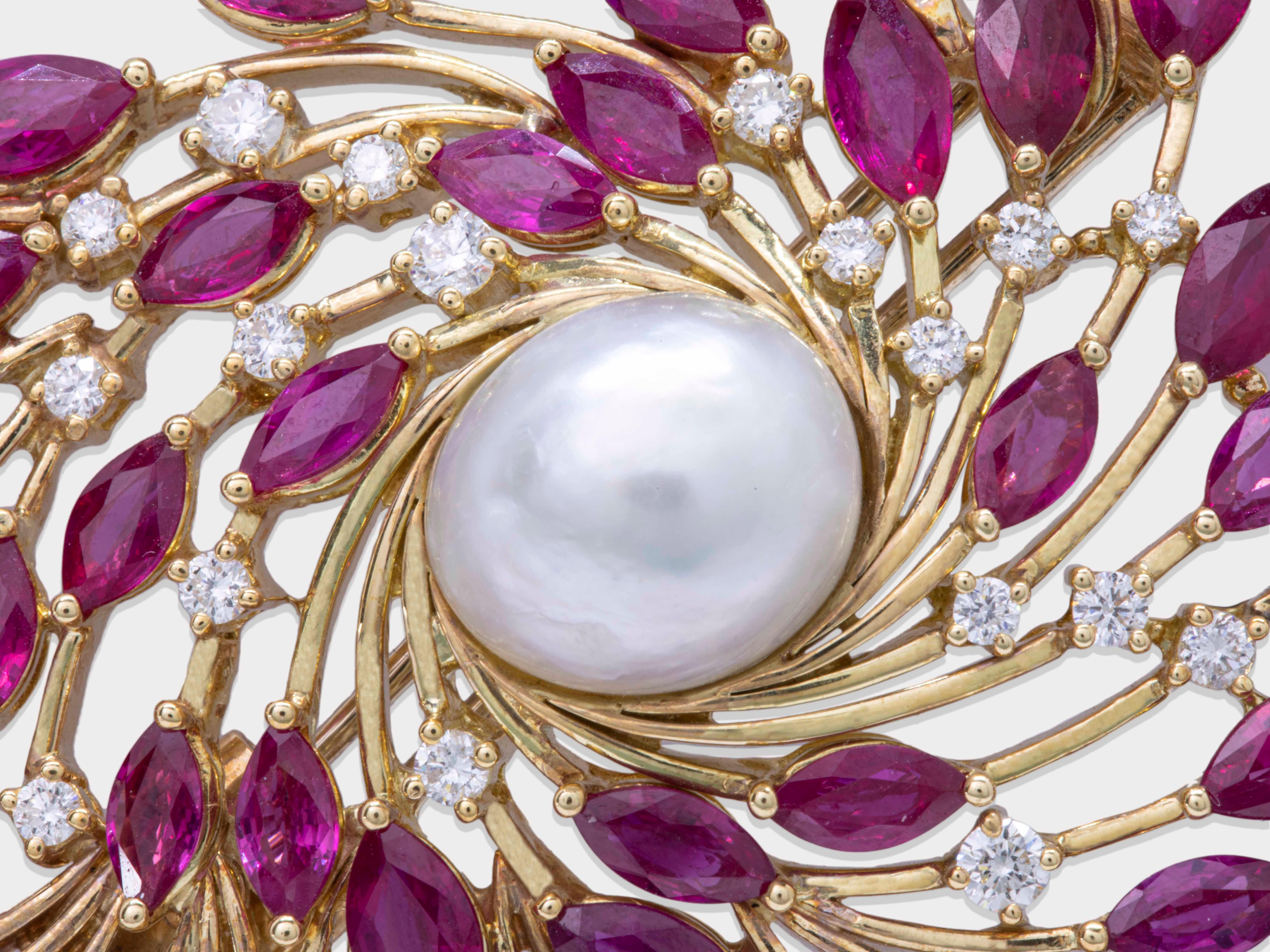 Marquise Cut Certified Natural Bahraini Pearl and Marquise Rubies 18k Gold Brooch For Sale
