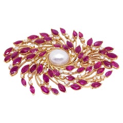 Certified Natural Bahraini Pearl and Marquise Rubies 18k Gold Brooch