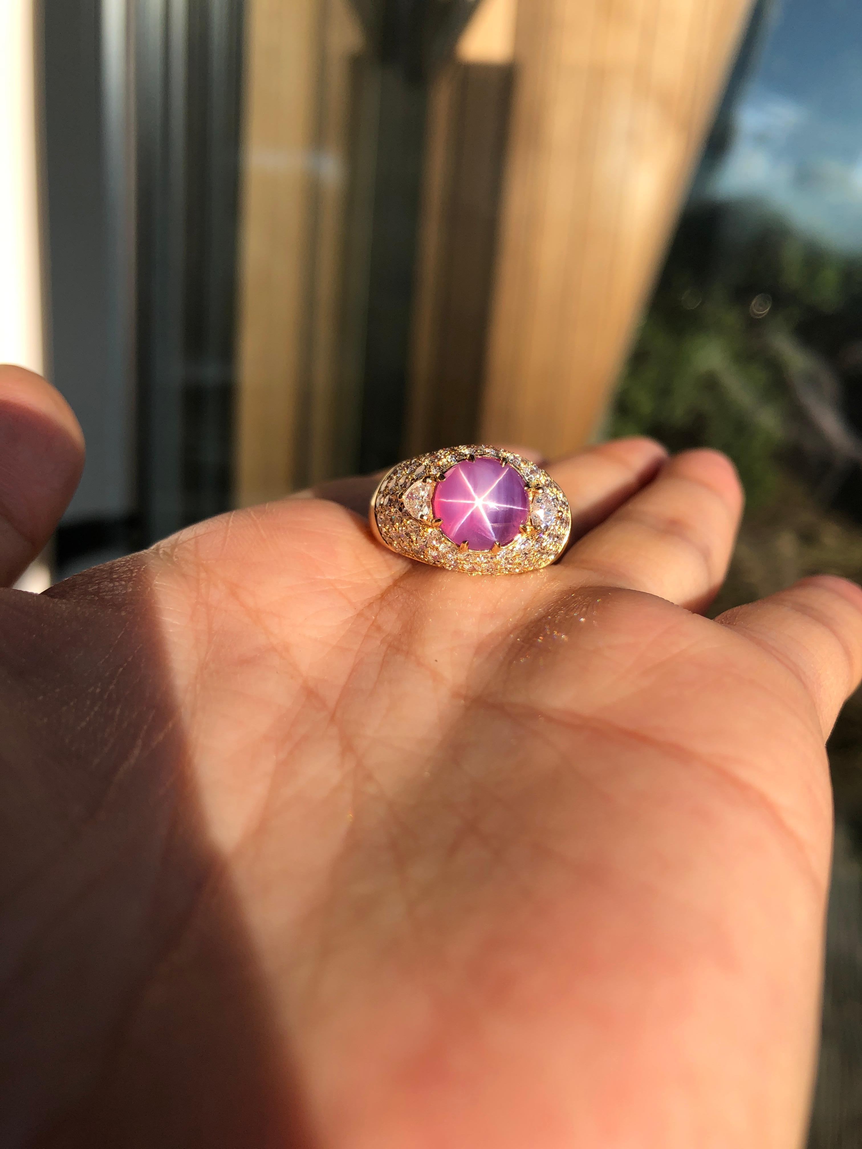 Round Cut Ceylon Pink Star Sapphire and Diamond Ring