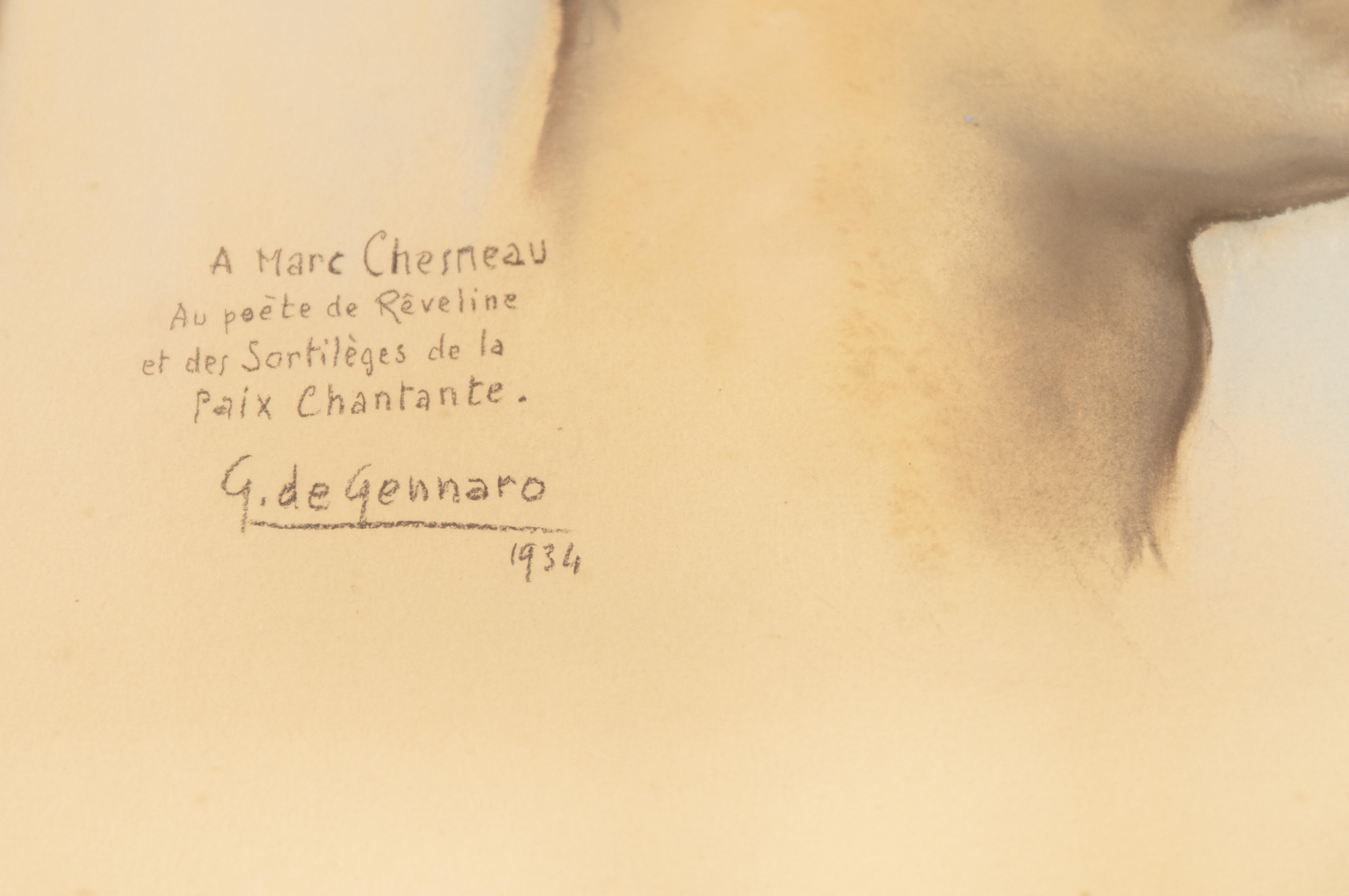Pastell- und Aquarellporträt des Dichters Marc Chesneau (1899-1980), gezeichnet von Gaetano de Gennaro (1890-1959). Auf Papier gezeichnet, signiert und datiert mit der Botschaft 