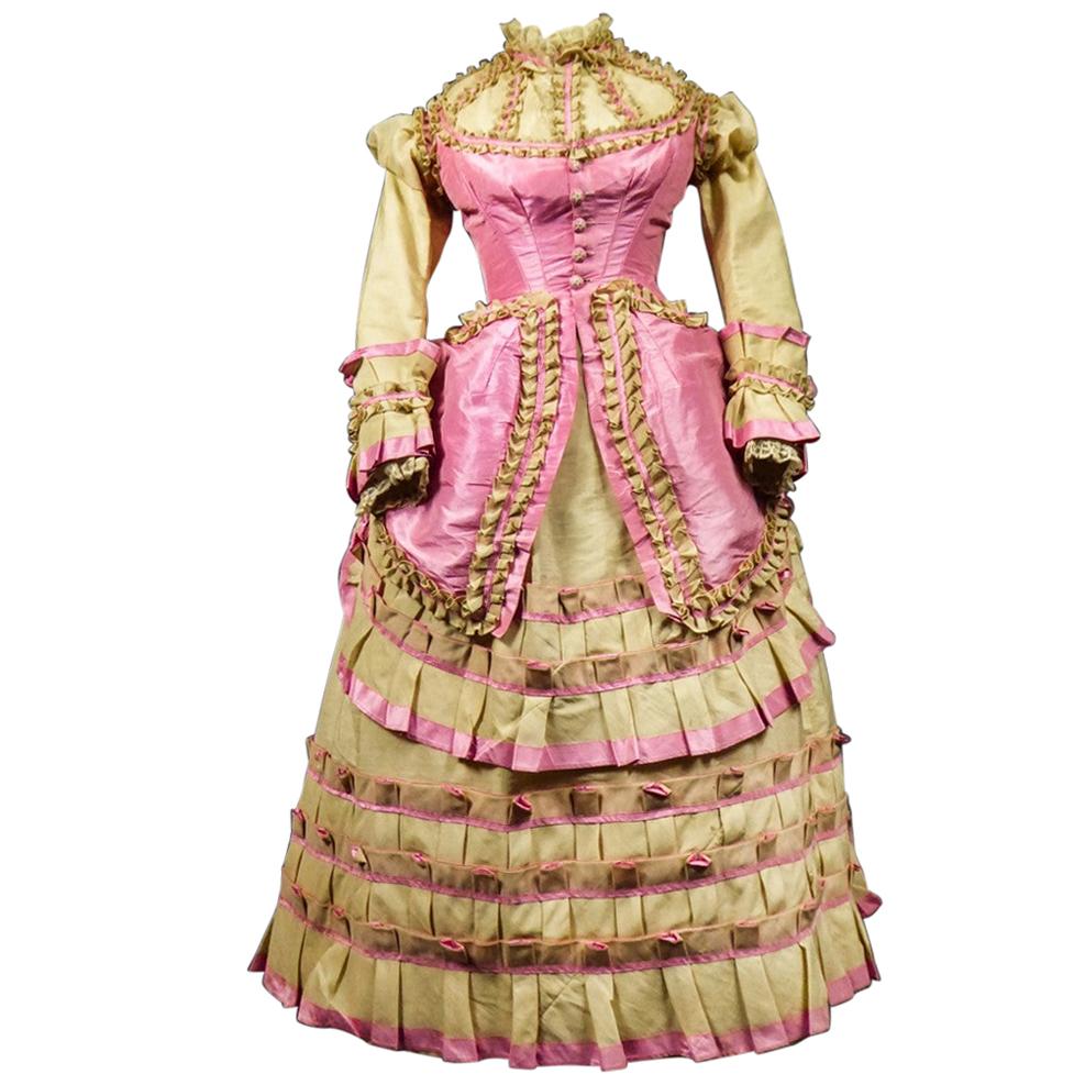 A Challis and Taffeta Bustle Cage Fashion Dress - France circa 1880