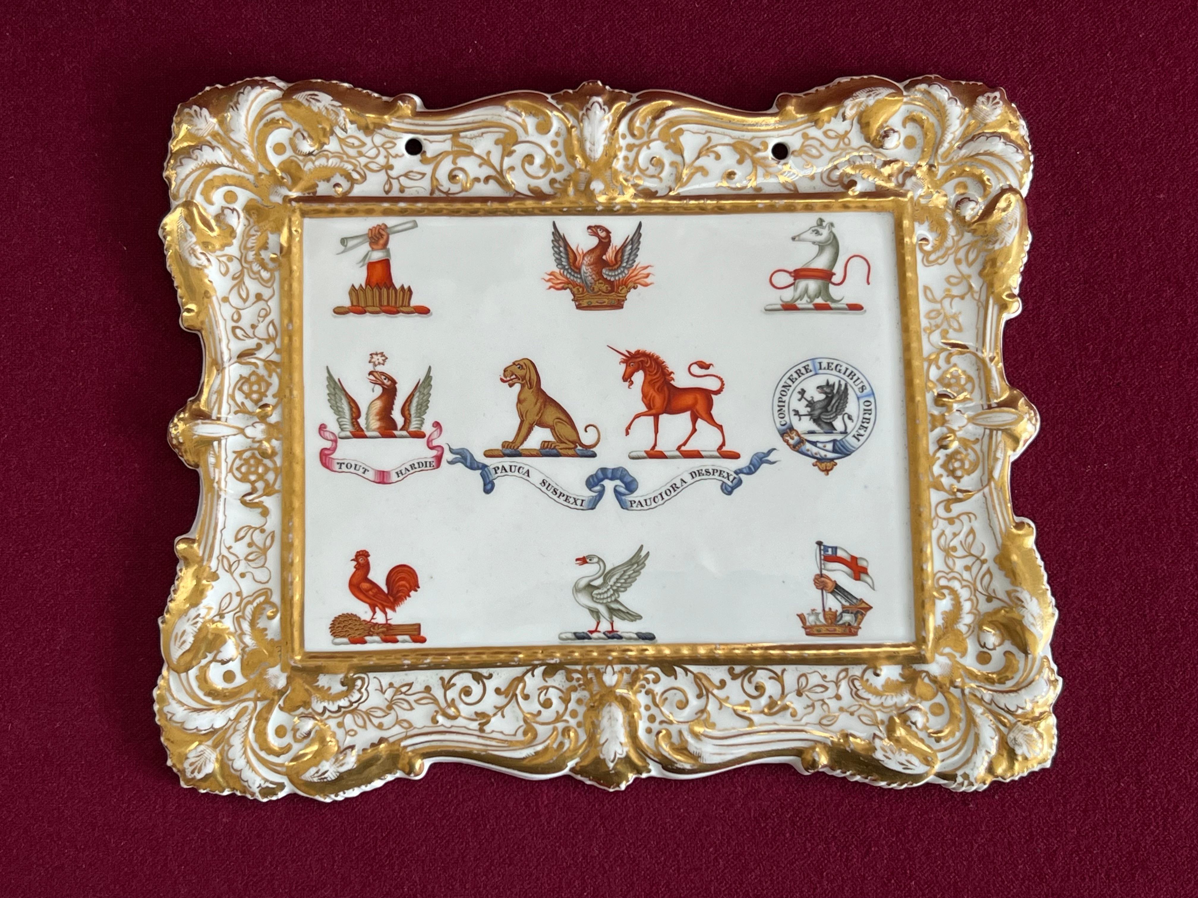 Hand-Painted A Chamberlain & Co Worcester Amorial Crest Sample Plaque c.1840 For Sale