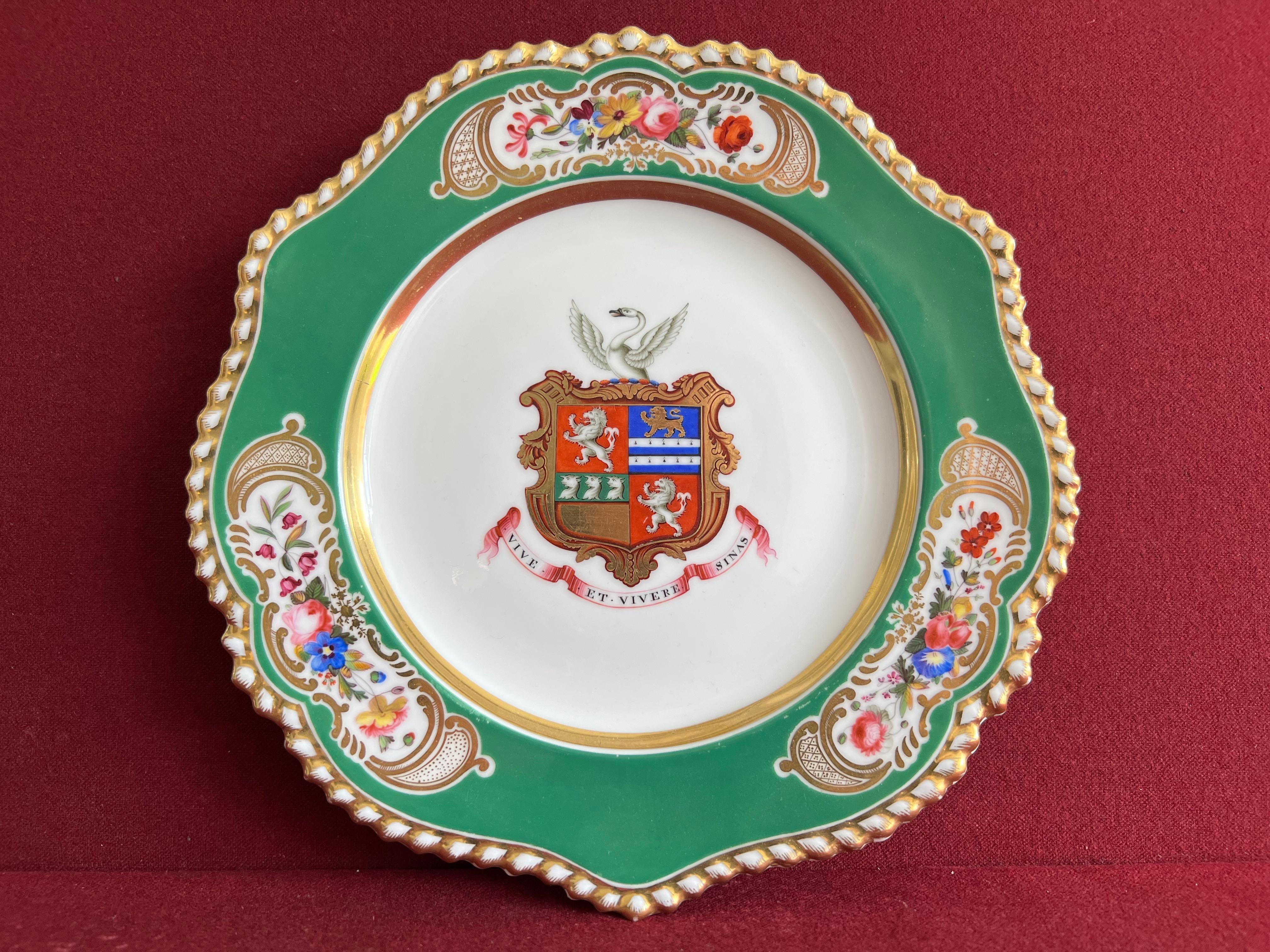 A fine Chamberlain’s Worcester porcelain large plate c.1830. Very finely decorated with the arms of the Attwood family within a dark green border with hand painted flower panels and with a moulded gadroon edge.


Script