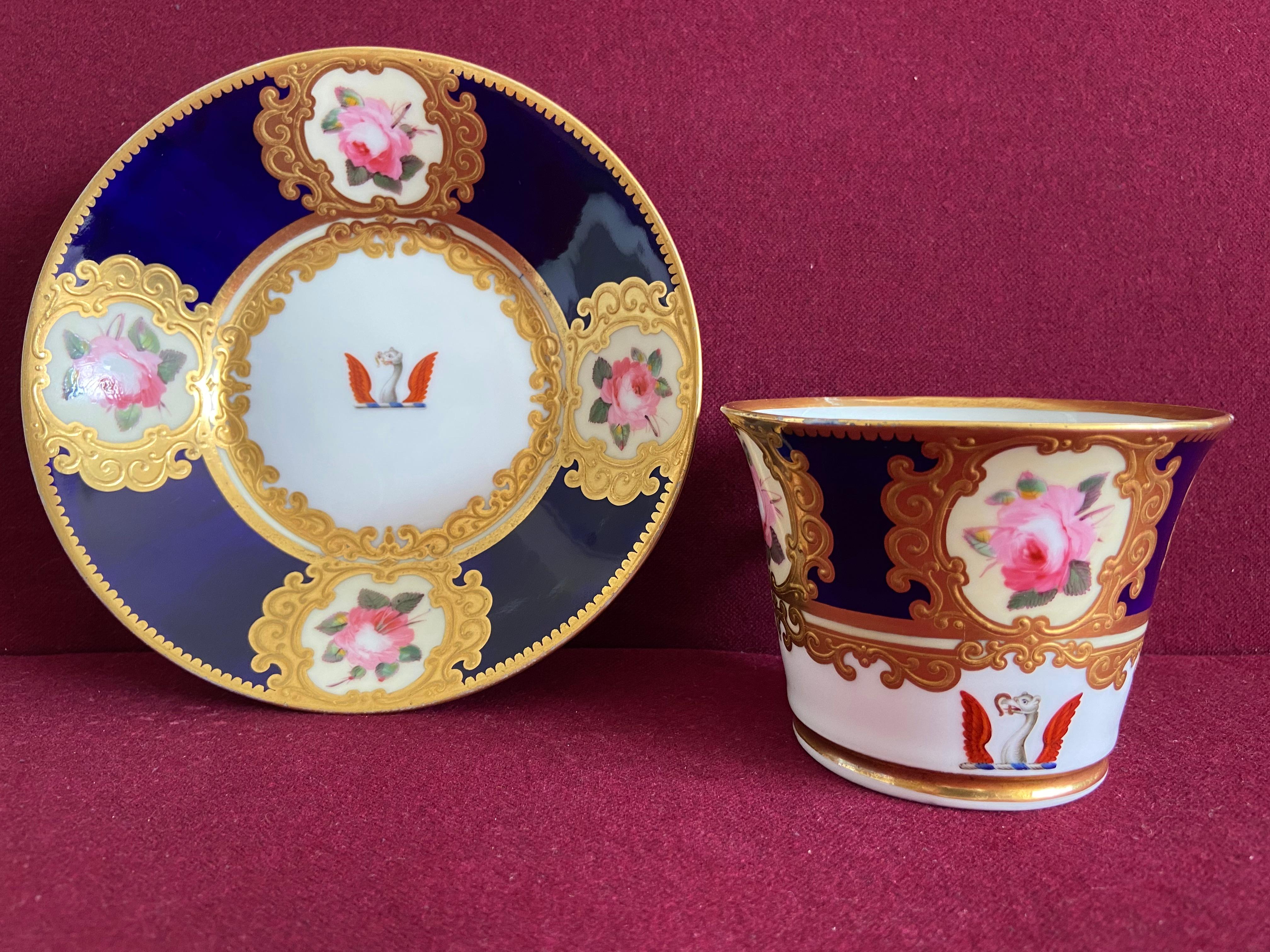 A fine and rare Chamberlain Worcester 'Baden' shape breakfast cup and saucer decorated in pattern 864 with the crest of Sir John Hullock c.1815. An ostrich's head between two wings, holding in the mouth a horse-shoe.

Sir John Hullock 1767-1829 was