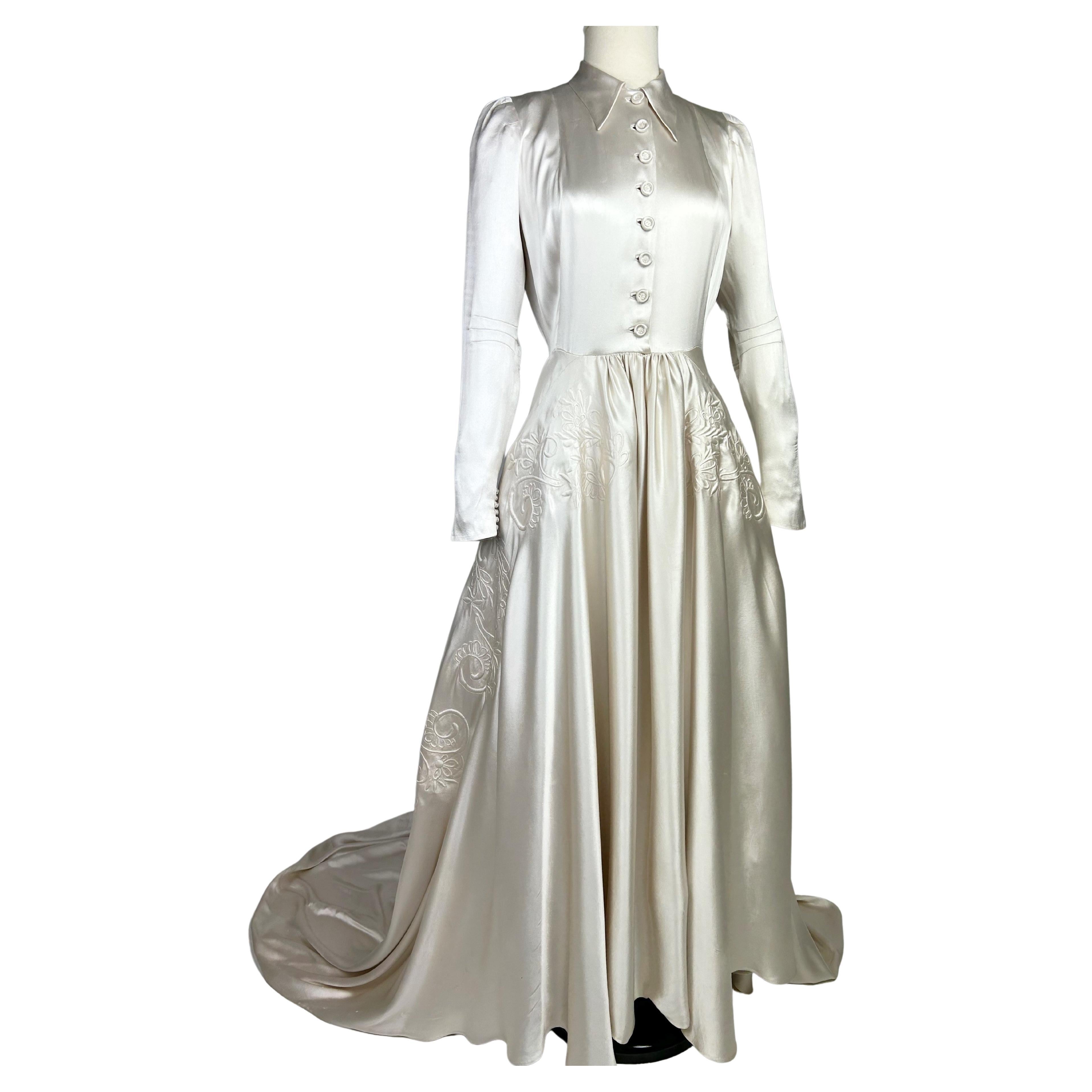 A Champagne Embroidered Satin Wedding Dress with train - France Circa 1940 For Sale