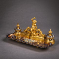 A Champlevé Enamel Three Piece Desk Set, Attributed to Barbedienne