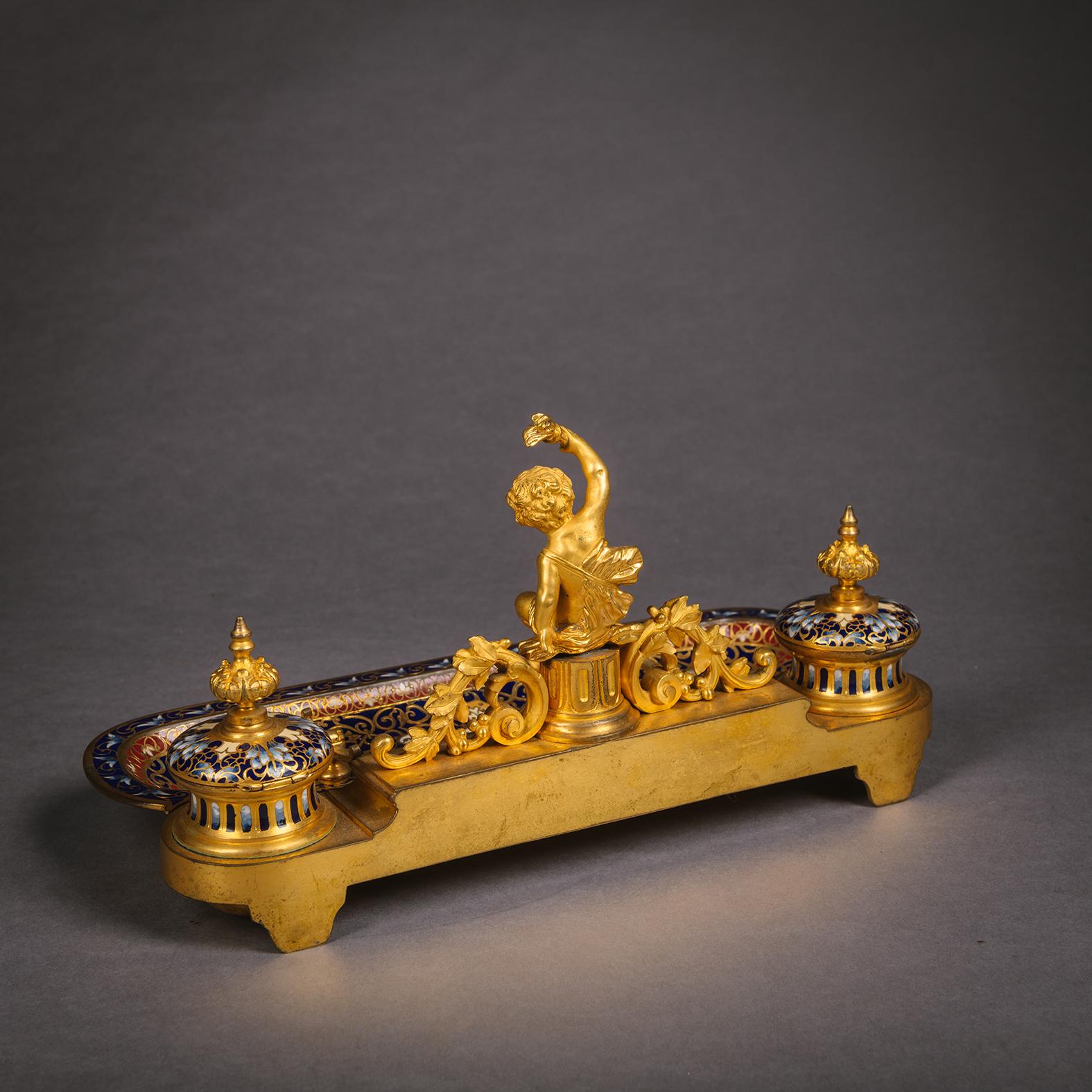French A Champlevé Enamel Three Piece Desk Set, Attributed to Barbedienne For Sale