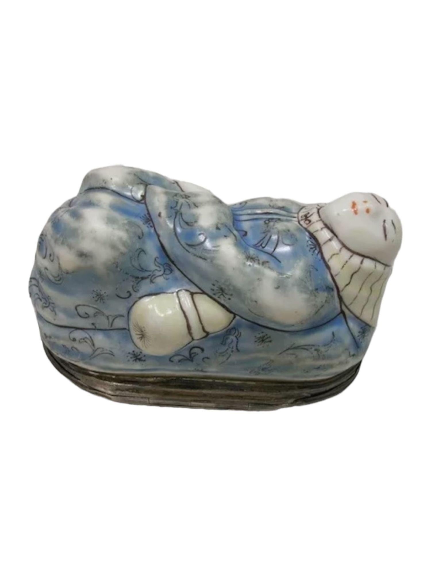 Rococo A Chantilly Silver Mounted Snuff Box of a Sleeping Monk, Mid 18th Century For Sale