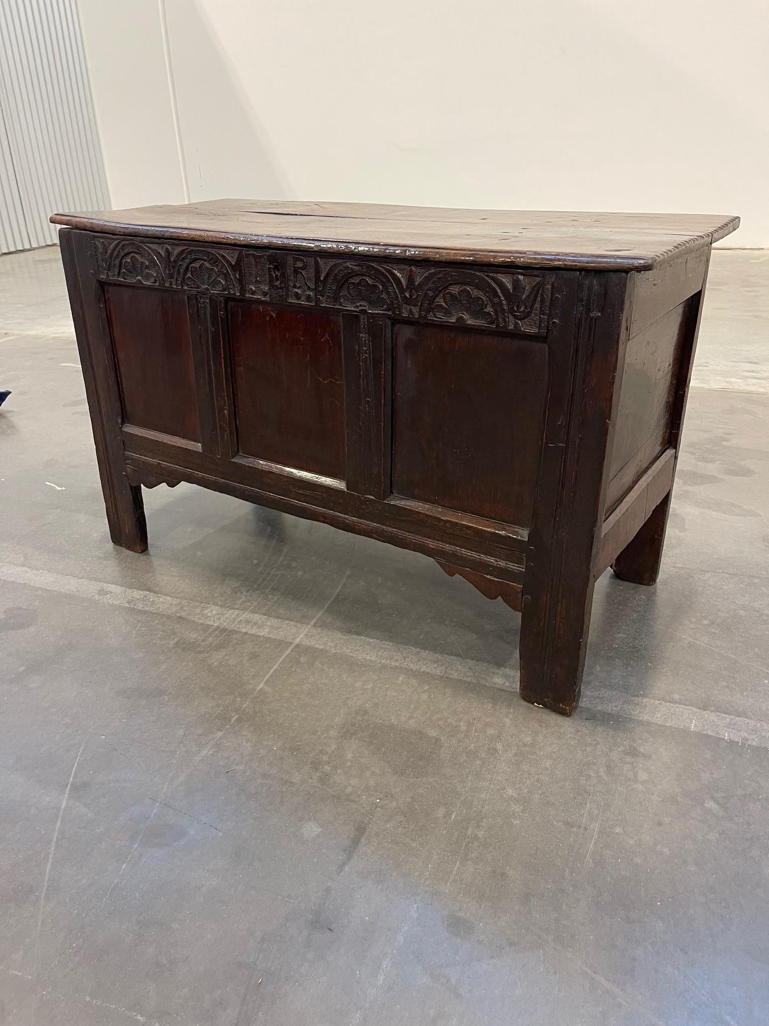 A Charles II Oak Carved Coffer For Sale 12
