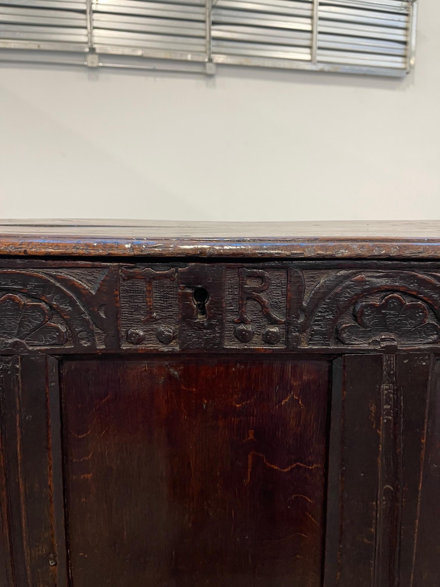 English A Charles II Oak Carved Coffer For Sale