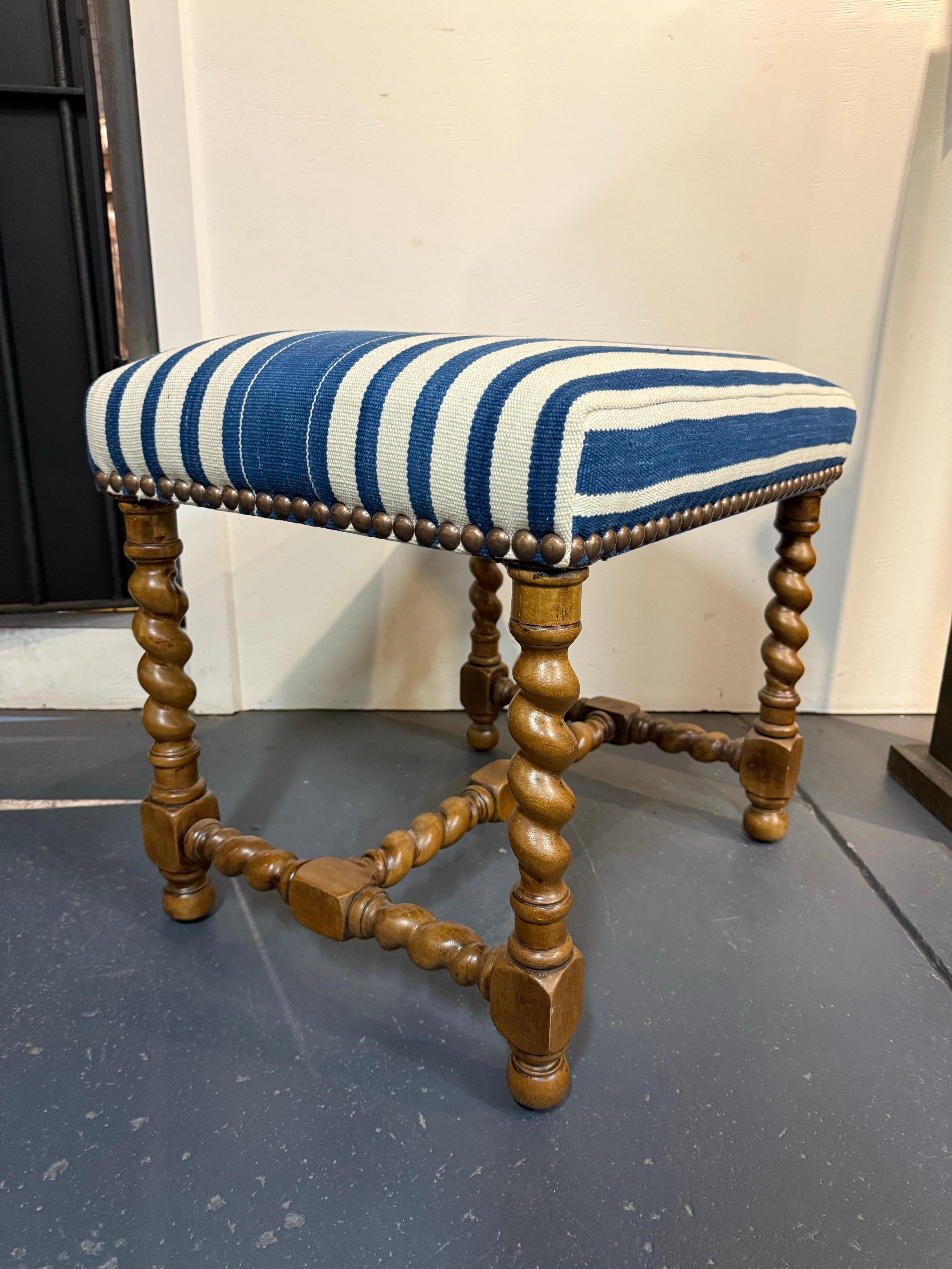 A Charles II Style Stool Upholstered with Blue and White Fabric For Sale 4