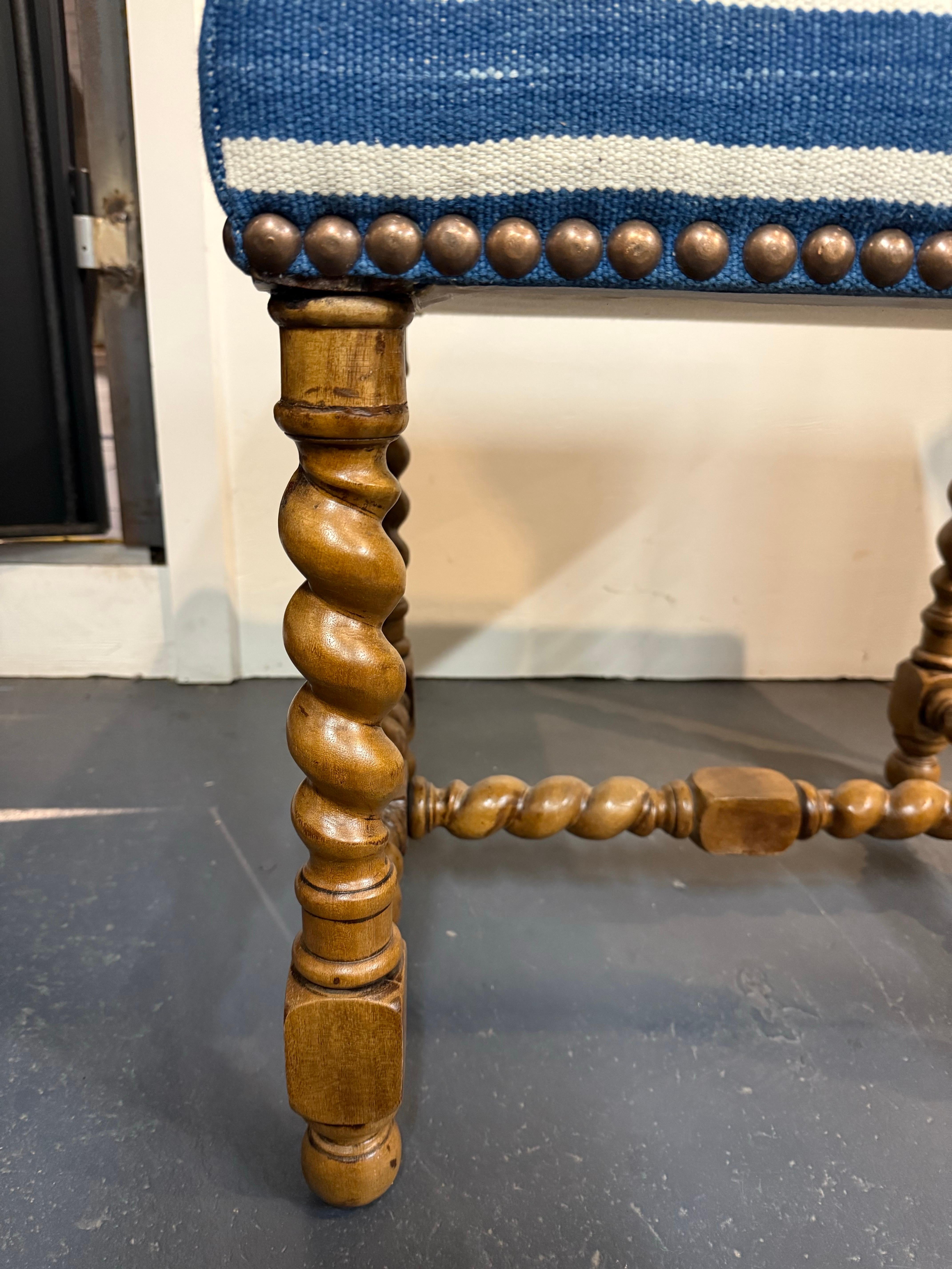 A Charles II Style Stool Upholstered with Blue and White Fabric For Sale 8