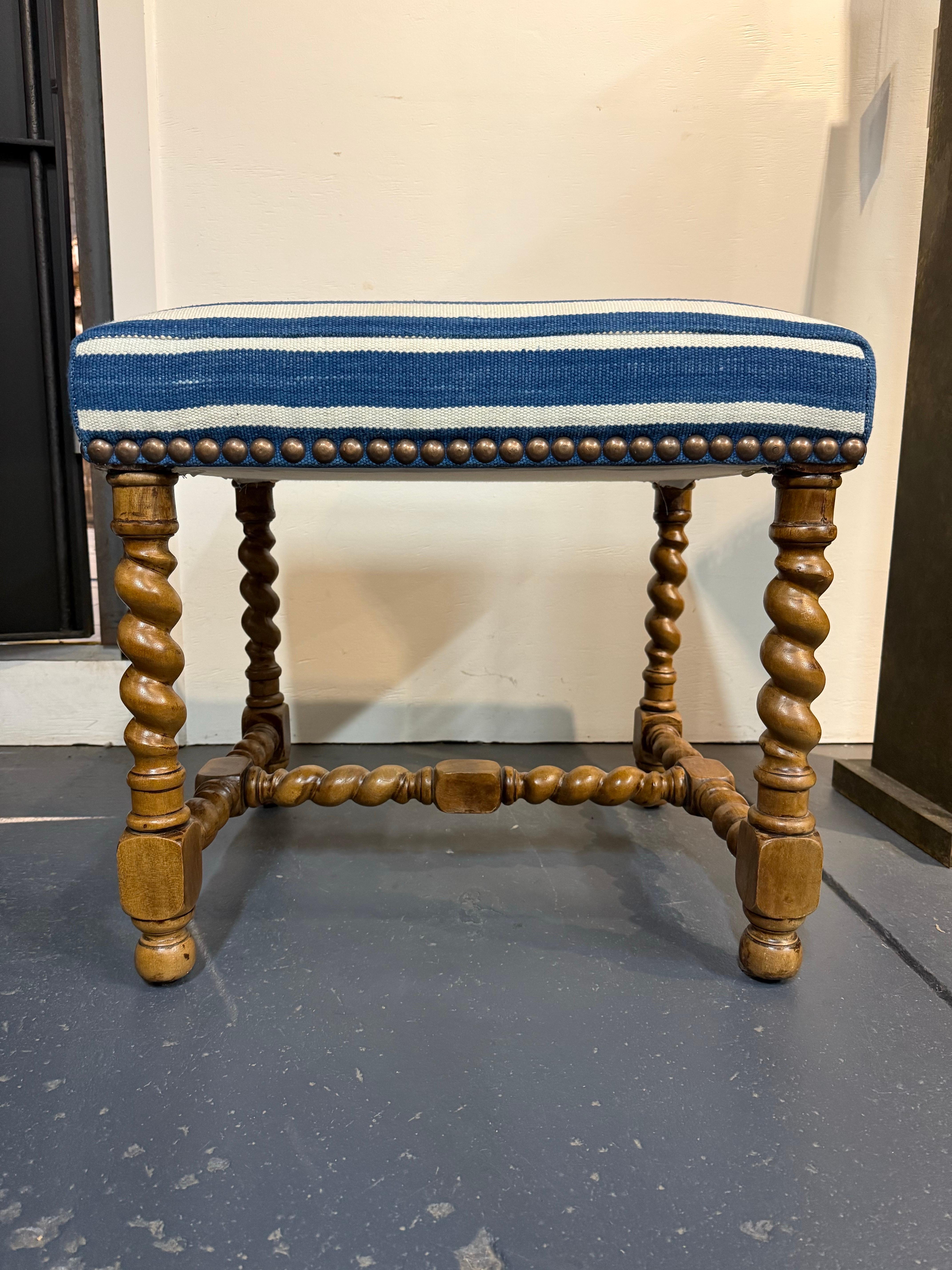 Australian A Charles II Style Stool Upholstered with Blue and White Fabric For Sale