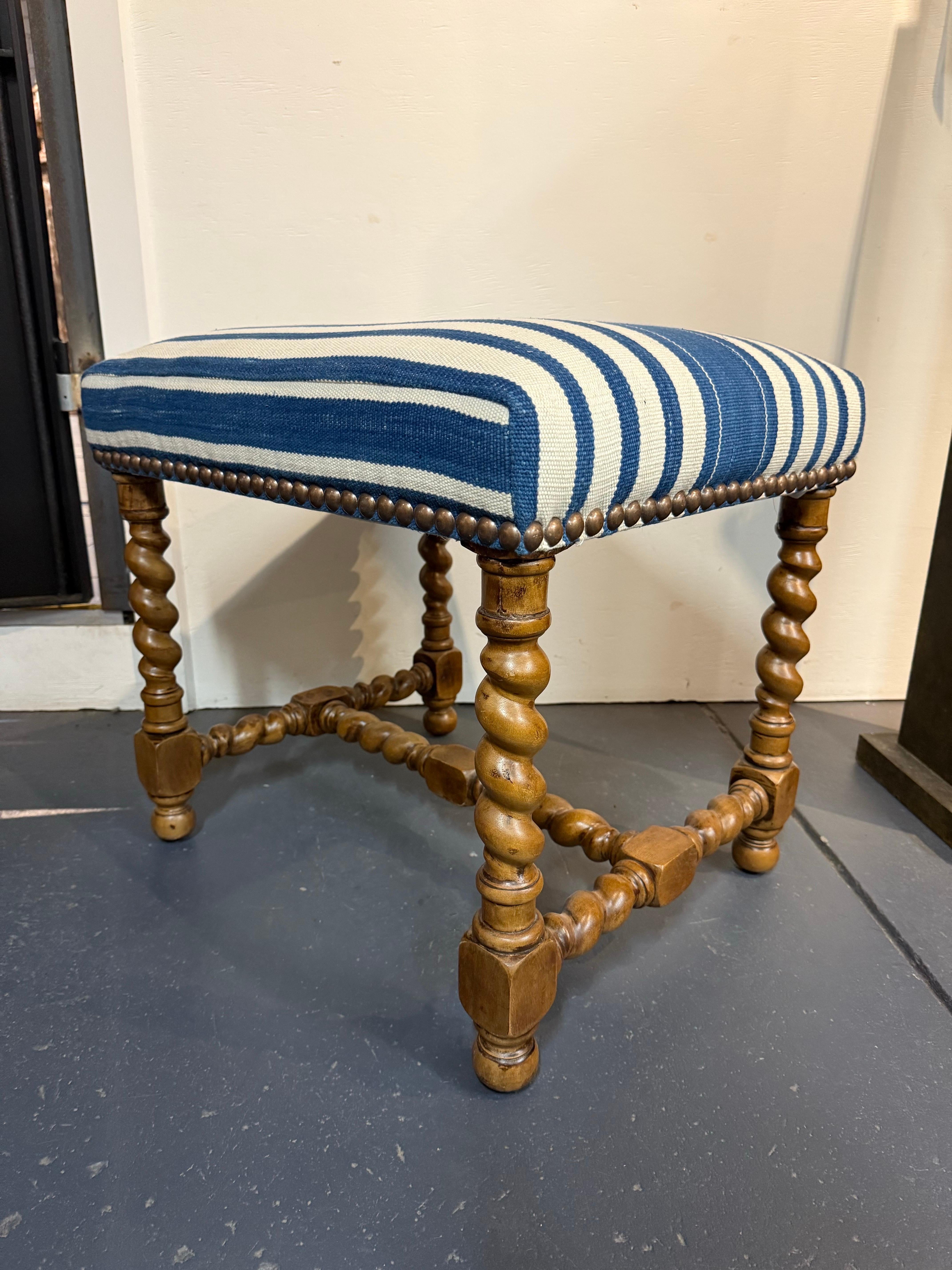 Machine-Made A Charles II Style Stool Upholstered with Blue and White Fabric For Sale